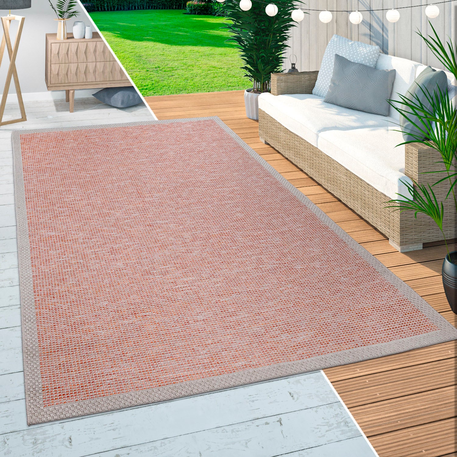 Paco Home Teppich »Quebec 135«, rechteckig, Flachgewebe, meliert, mit Bordüre, In- und Outdoor geeignet