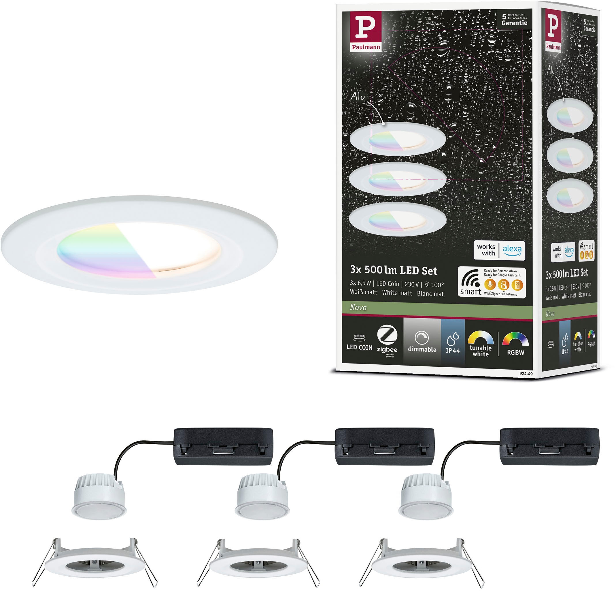 Paulmann LED Einbauleuchte »LED Einbauleuchte Nova Coin IP44 rund 78mm« LED-Modul 3 Stk. Tageslichtweiß Memoryfunktion, Farbwechsler, Farbsteuerung, Dimmer, Smart Home