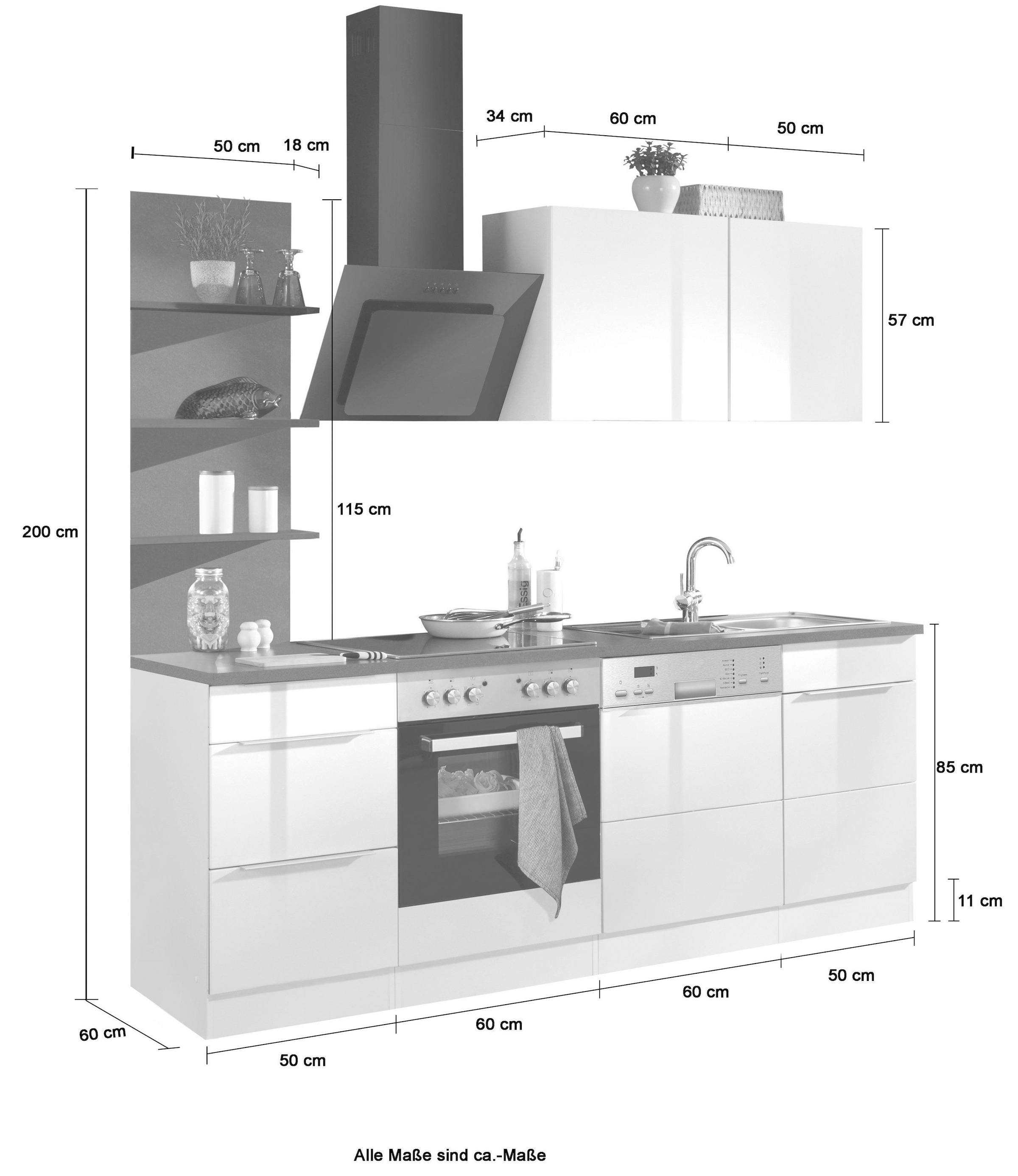 KOCHSTATION Küchenzeile »KS-Brindisi«, Breite 220 cm, wahlweise mit E-Geräten, mit MDF-Fronten und Regal