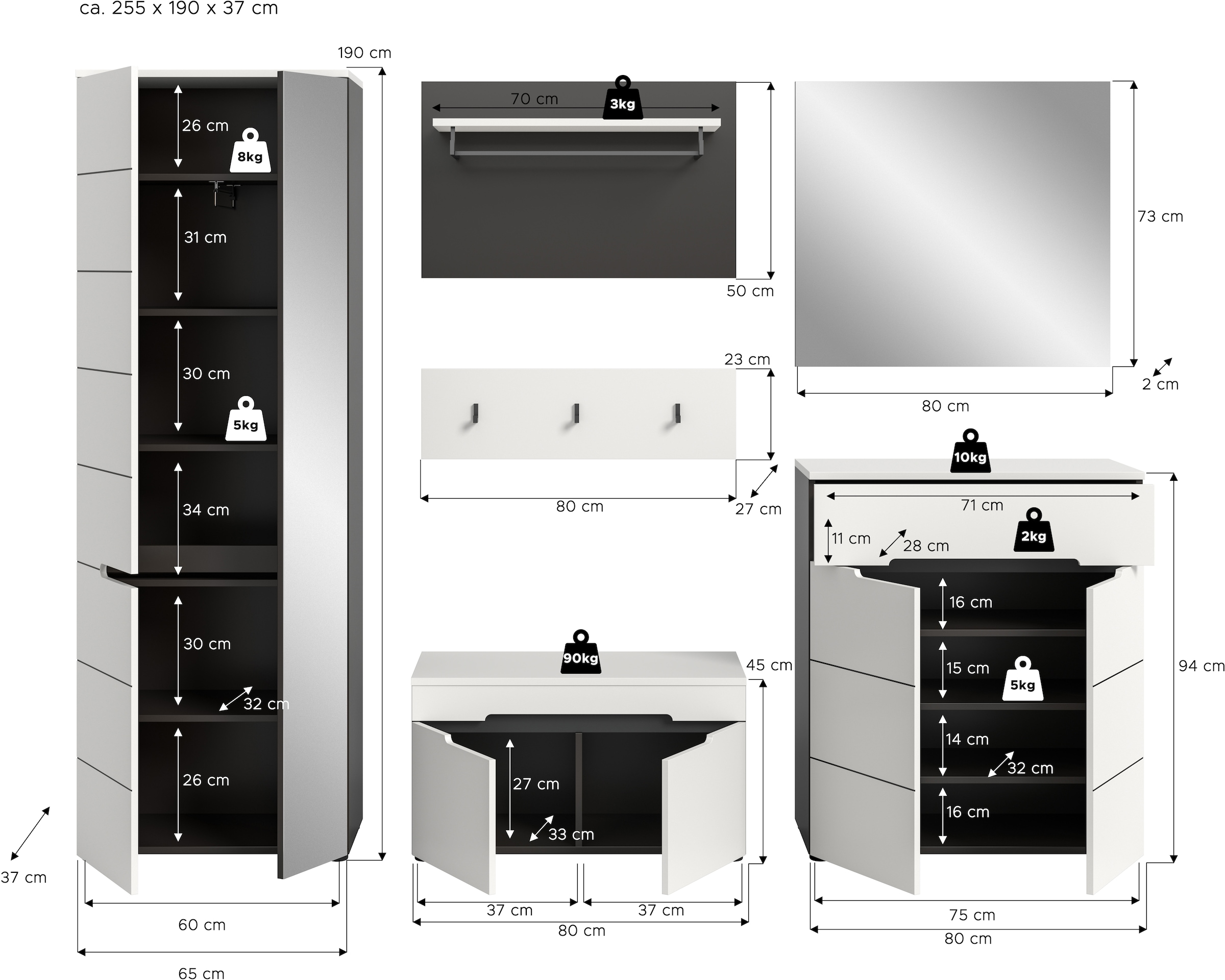 Home affaire Garderoben-Set »Rehat, Garderobenkombination, Breite 255cm« Garderobenschrank, Sitzbank, Paneel, Hakenleiste, Spiegel, Kommode, 