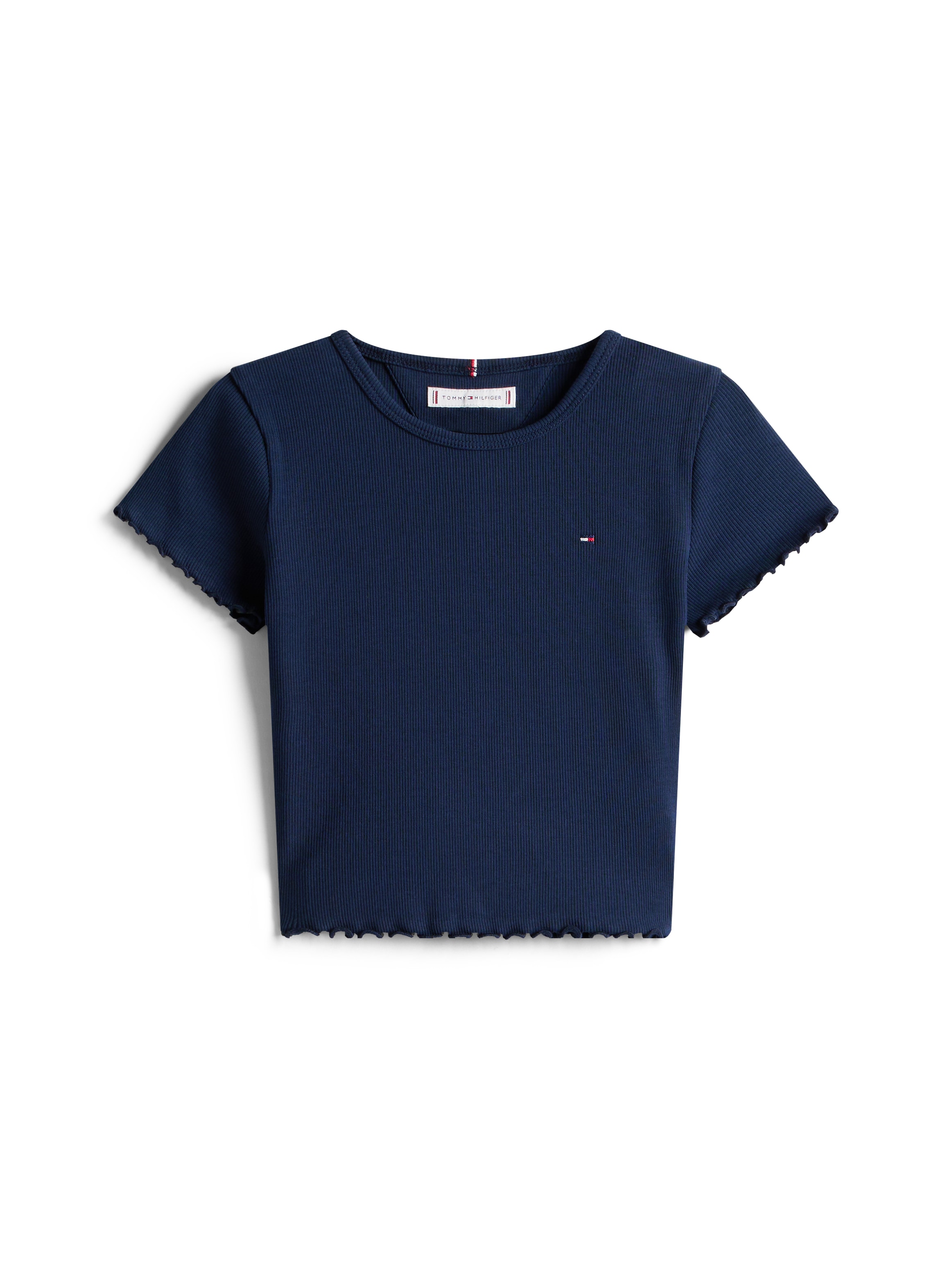 Tommy Hilfiger T-Shirt »ESSENTIAL RIB TOP mit Babylock-Kanten und Stickerei« unifarben, casual, regular fit, Baumwollmix, Rundhals