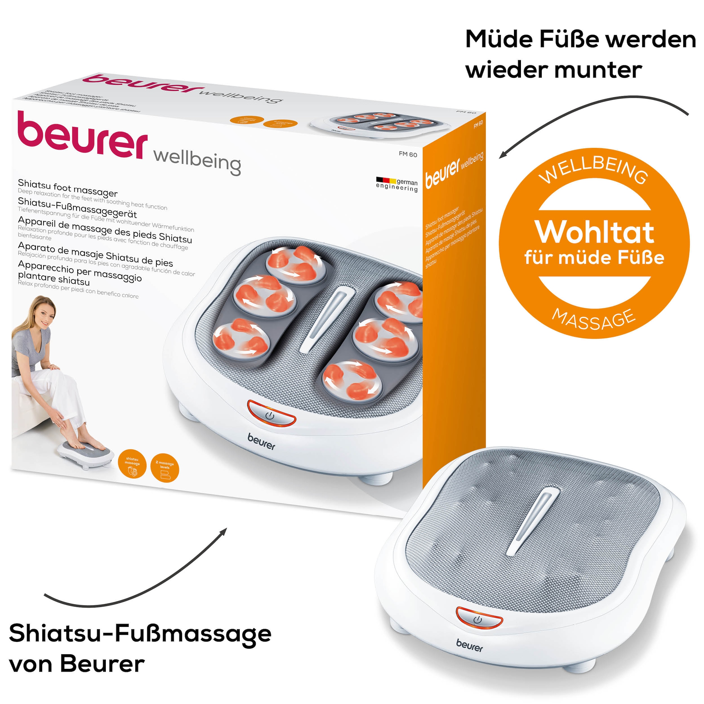 BEURER Shiatsu-Fußmassagegerät »FM 60 mit 2 Intensitätsstufen und zuschaltbarer Wärmefunktion«, Fördert die Durchblutung und lindert schwere und müde Beine