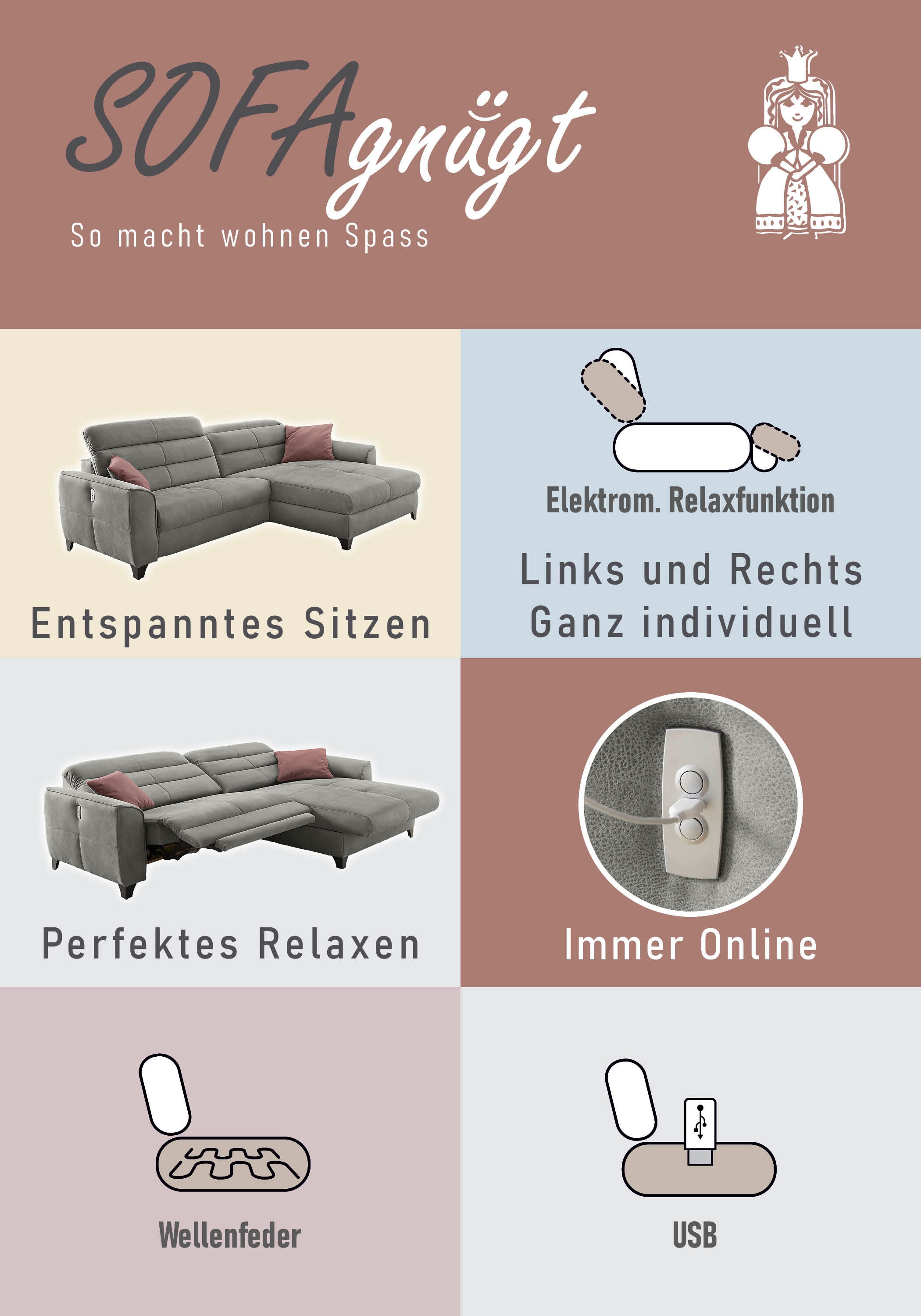 Jockenhöfer Gruppe Ecksofa »Double One L-Form«, mit 2x 120cm breiten, elektromotorischen Relaxfunktionen