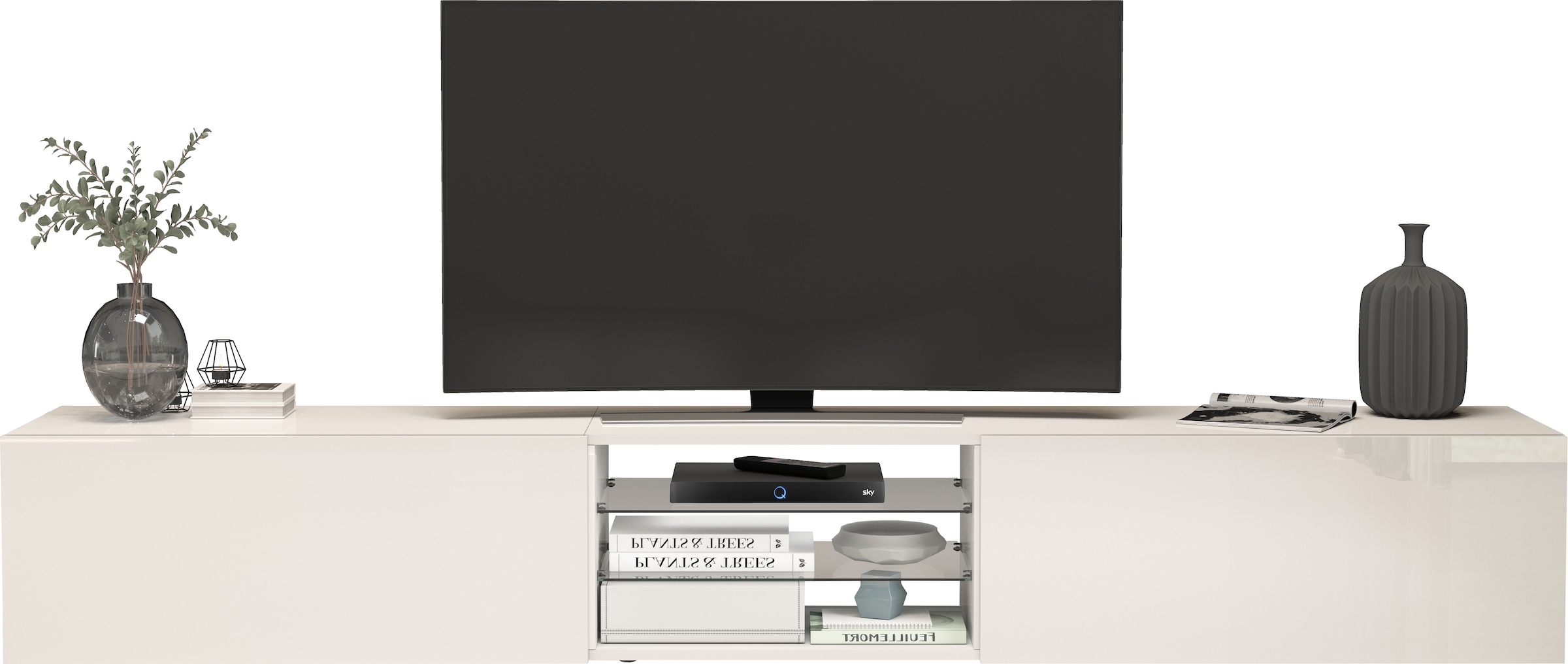 INOSIGN Lowboard »Egypt,Lowboard,TV-Kommode,TV-Möbel,TV-Bank«, mit 2 Klappen, 2 Glasböden,kompl. Hochgl. lackiert (B/T/H)240x38x35 cm