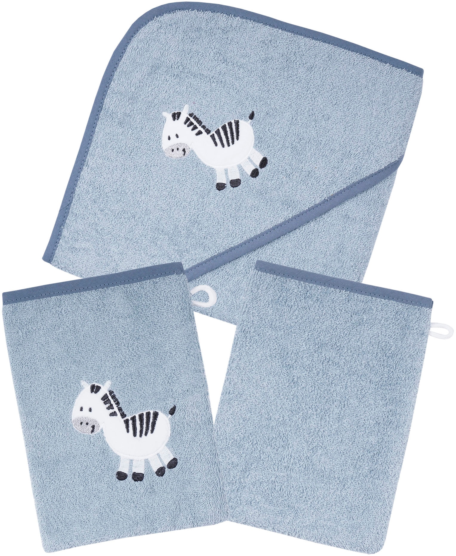 Handtuch Set »Zebra blau Kapuzenbadetuch mit 2 Waschhandschuhen«, (Spar-Set, 3 St.,...