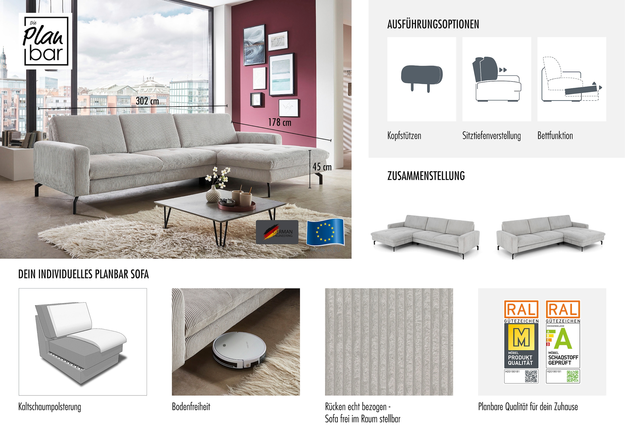 Die PlanBar Ecksofa »MP-IN20110 L-Form mit Kaltschaum-Polsterung« optional mit Funktionen erhältlich