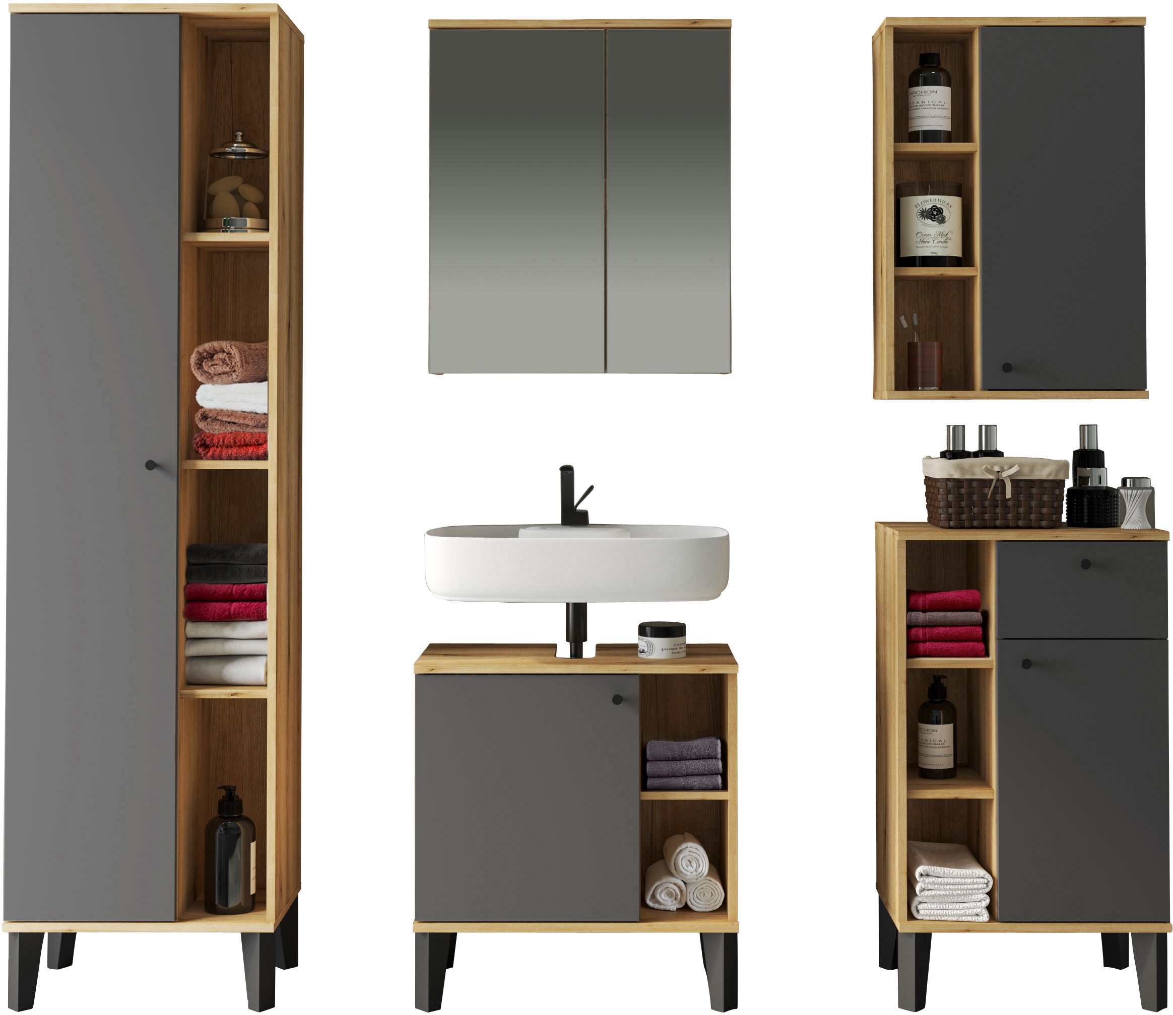 INOSIGN Badmöbel-Set »OSLO, Bad im skandinavischen Design, 5-teiliges Badezimmer«, (Set, 5 St.), Badschränke und Spiegel, in zwei Farben verfügbar, viel Stauraum