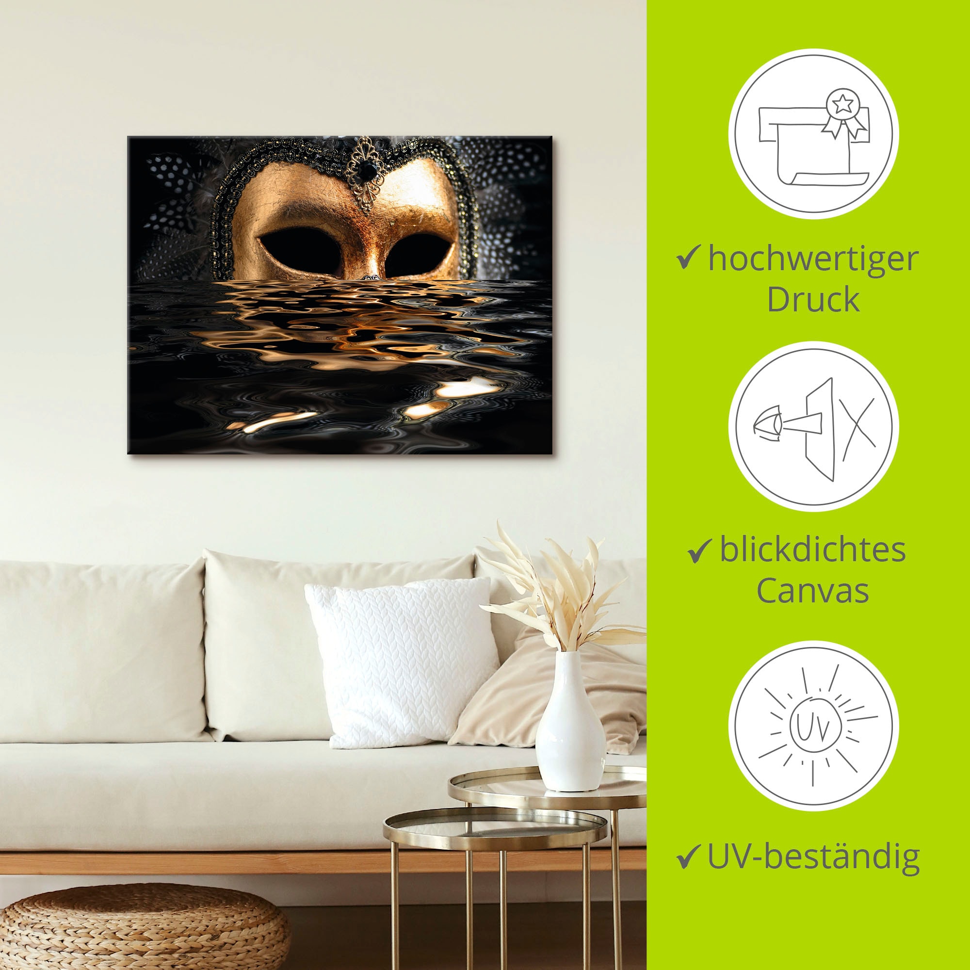 Artland Leinwandbild »Venezianische Maske mit Blattgold« Karneval 1 Stk. tlg. auf Holzrahmen gespannt