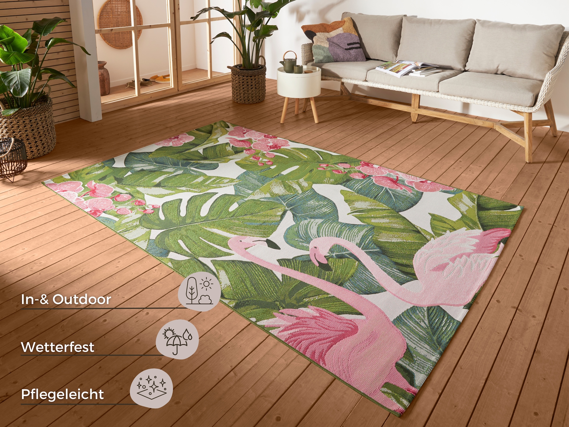 HANSE Home Outdoorteppich »Tropical Flamingo«, rechteckig, 3 mm Höhe, In-& Outdoor, Teppich, Wetterfest, Balkon, Garten, Wohnzimmer, Floral