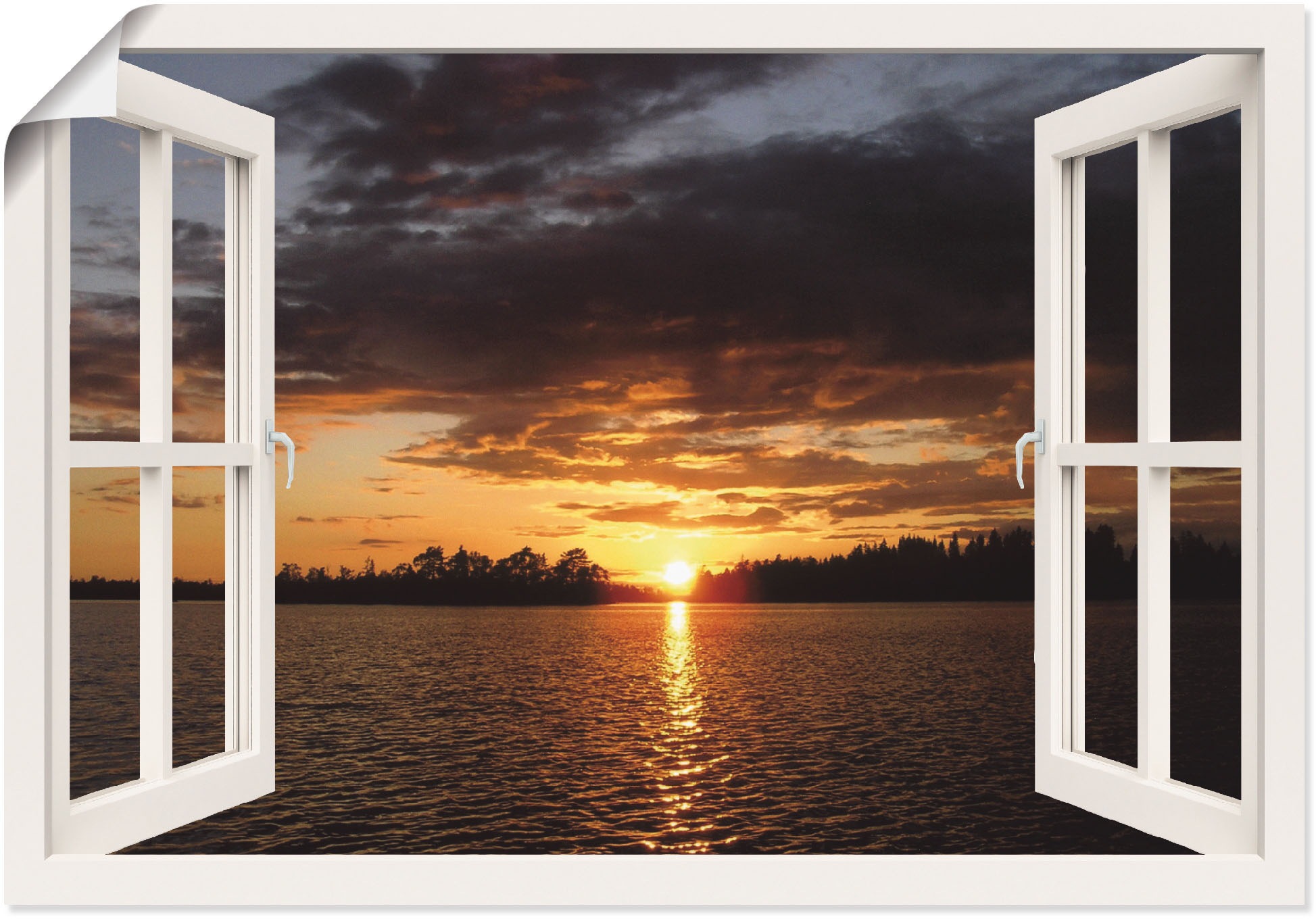 Artland Wandbild »Sonnenuntergang am See mit Fenster«, Seebilder, (1 St.),  als Alubild, Leinwandbild, Wandaufkleber oder Poster in versch. Größen auf  Rechnung bestellen