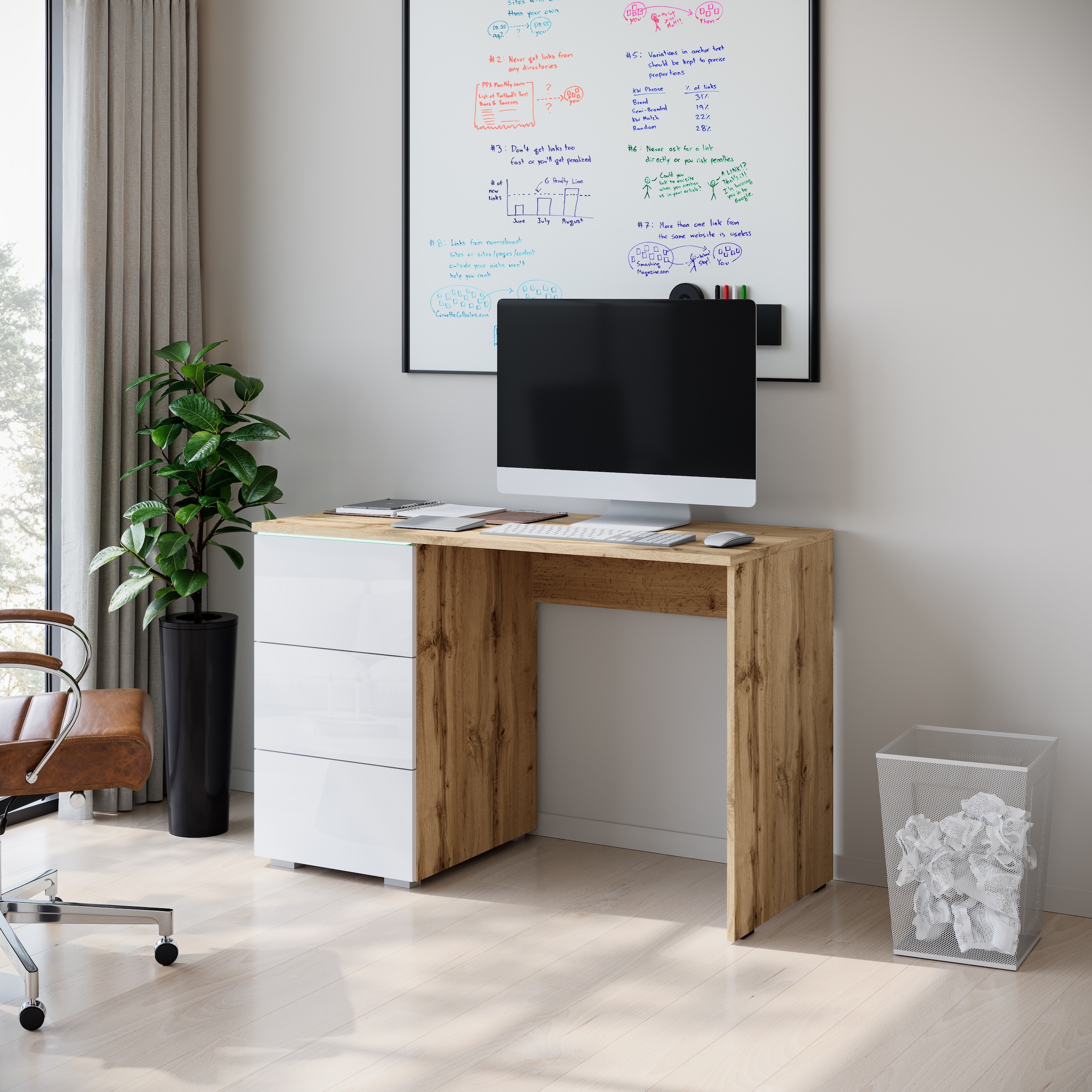 INOSIGN Schreibtisch »Vera«, (1 St.), Modernes Schreibtisch mit LED, Push-to-Open und 3 Schubladen.