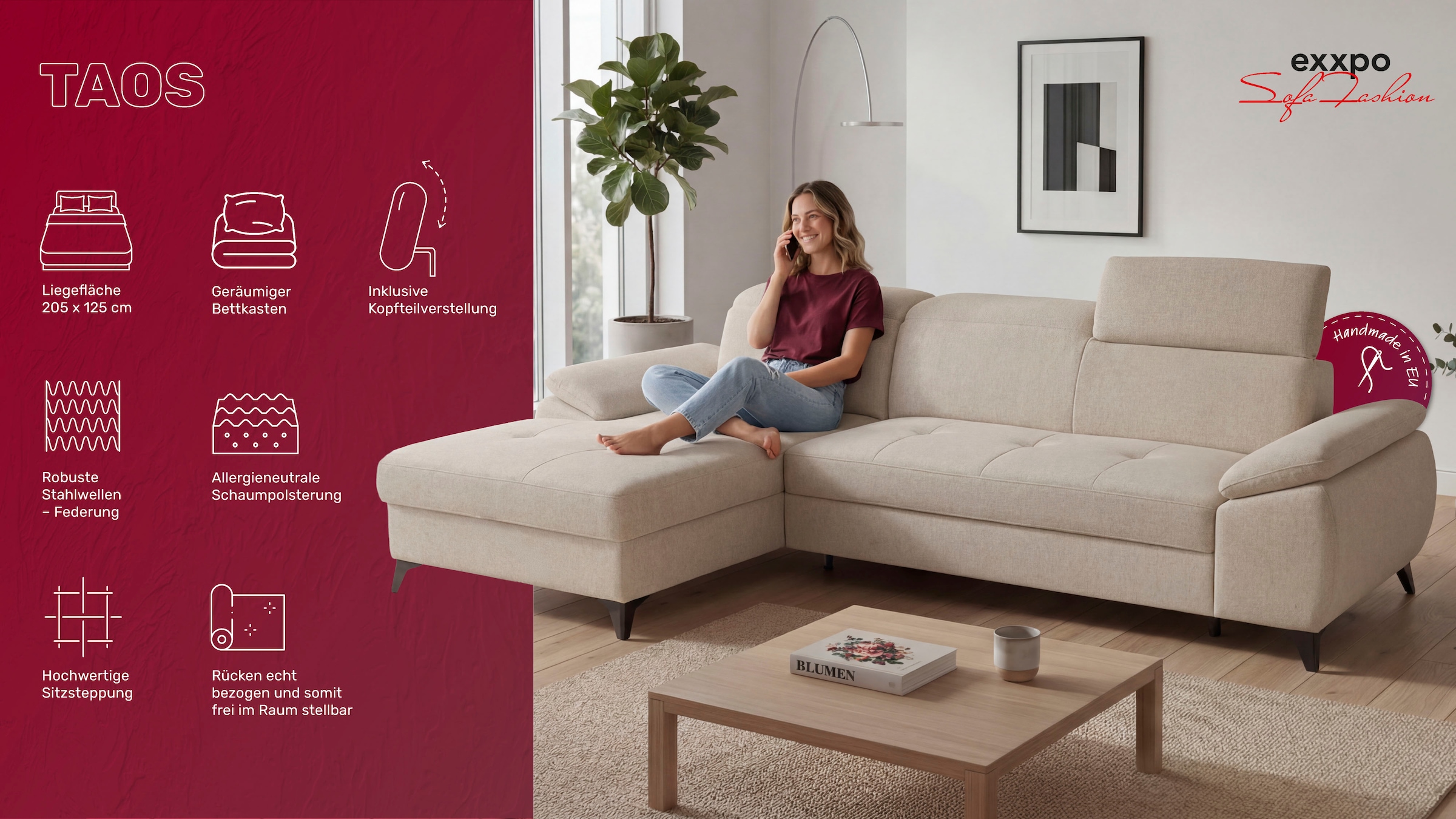 exxpo - sofa fashion Ecksofa »TAOS bequem, komfortabel durch Kopfteilverstellung, Breite 281cm« inkl. Bettfunktion und Bettkasten,toller Sitzkomfort, Steppung im Sitz