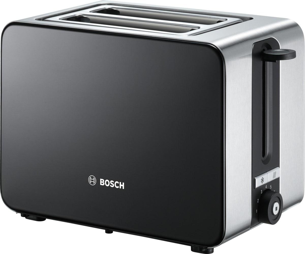 BOSCH Toaster "ComfortLine TAT7203, integrierter Edelstahl-Brötchenaufsatz" 2 kurze Schlitze für 2 Scheiben 1050 W Abschaltautomatik, Auftaufunktion, Edelstahl/schwarz