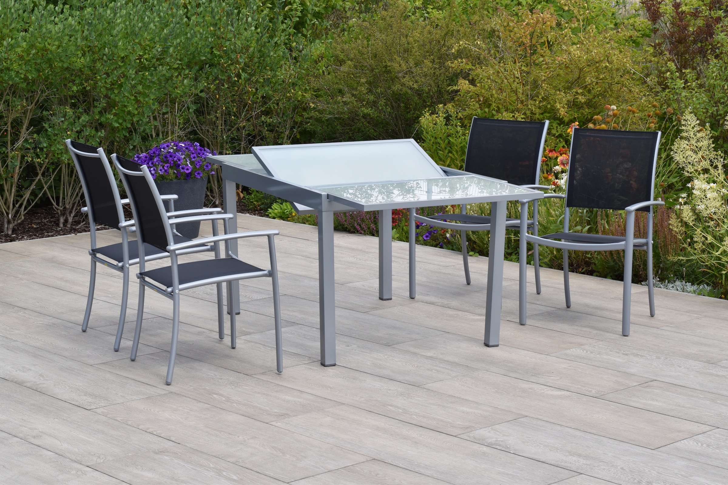 MERXX Garten-Essgruppe »»Milano««, (Set, 5 tlg., Pulverbeschichtetes Aluminiumgestell), Tisch ausziehbar: LxB: 120-180 x 90 cm