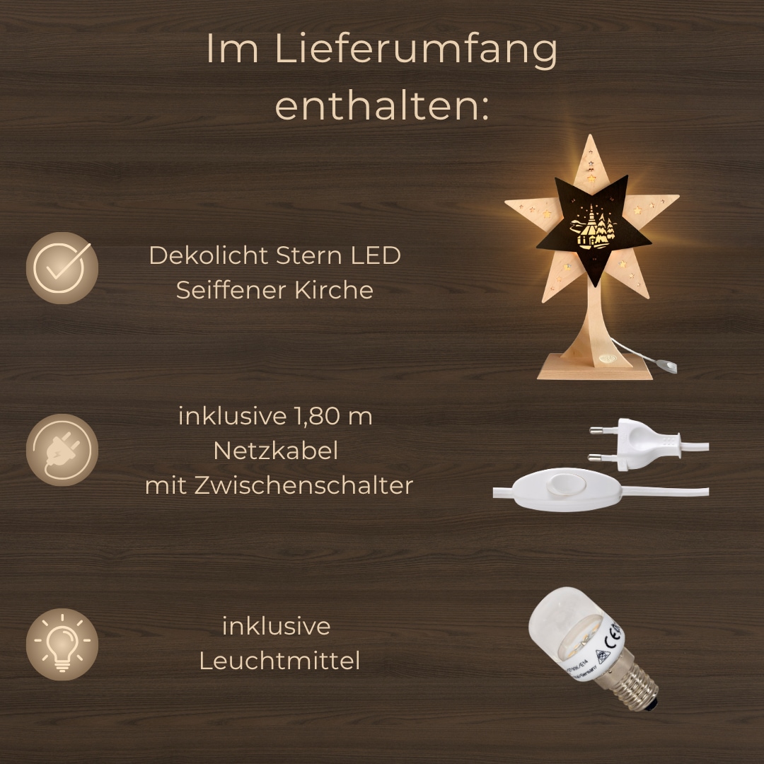 Weigla Dekostern »LED Seiffener Kirche, Dekoleuchte aus Holz, NATUR-BRAUN«