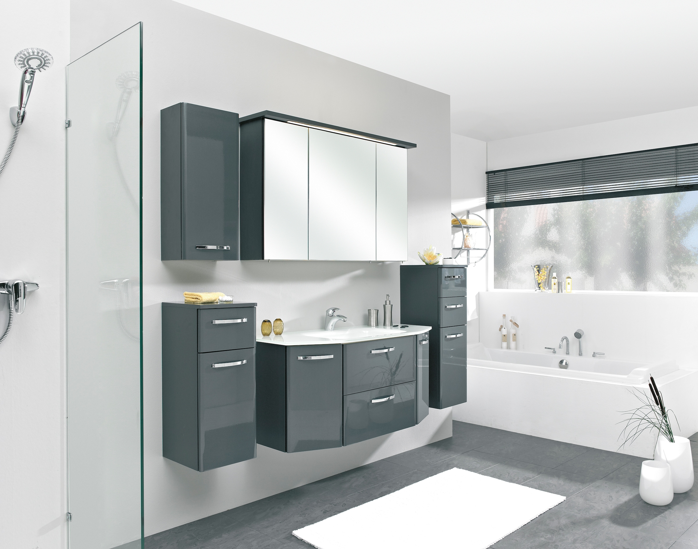 Saphir Waschtisch »Quickset 327 Waschtisch mit Unterschrank, inkl Türdämpfer«, Anthrazit Hochglanz, Waschplatz mit 2 Türen, 1 Klappe, 1 Auszug