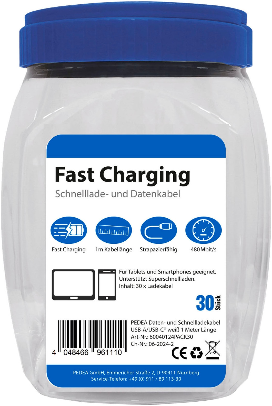 PEDEA USB-Kabel »Daten- und Schnellladekabel 30er Box USB-A/C«, USB Typ A-USB Typ C, 100,00 cm