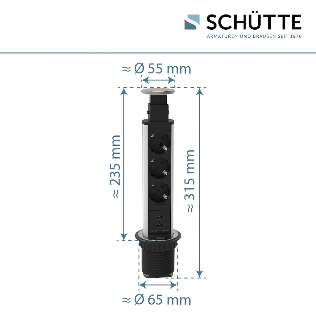 Schütte Einbau-Tischsteckdosenleiste »E1«, 3-fach, (Schutzkontaktstecker Kabellänge 2,3 m), versenkbar, 3-fach und 2 x USB