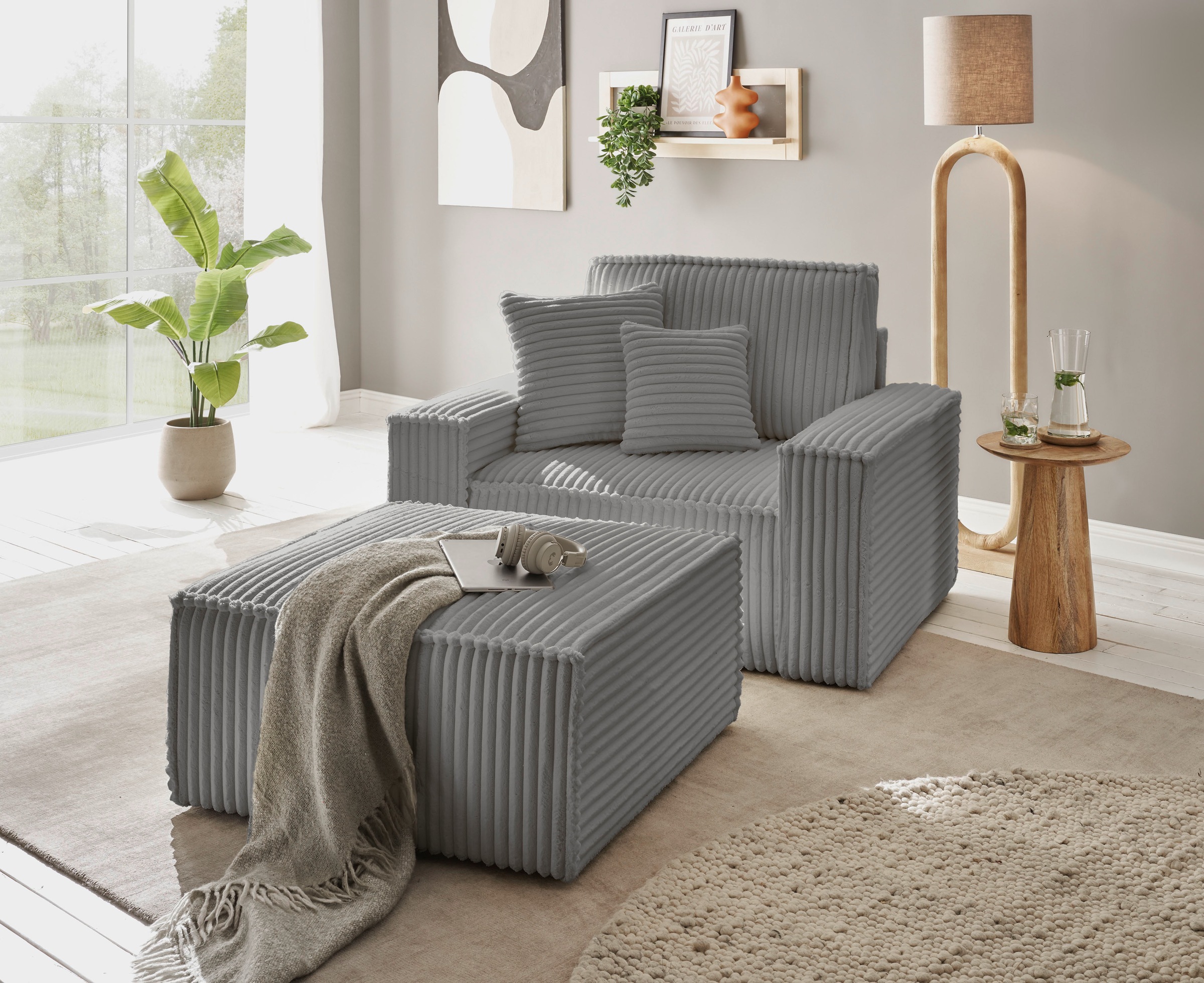 OTTO home Loveseat »FINNLEY, Loveseat & Hocker im Set, trendige Stoffe, inkl. Zierkissen« 2 Stk. tlg. verfügbar in den Stoffqualitäten Bouclé, Struktur fein und Mega Cord