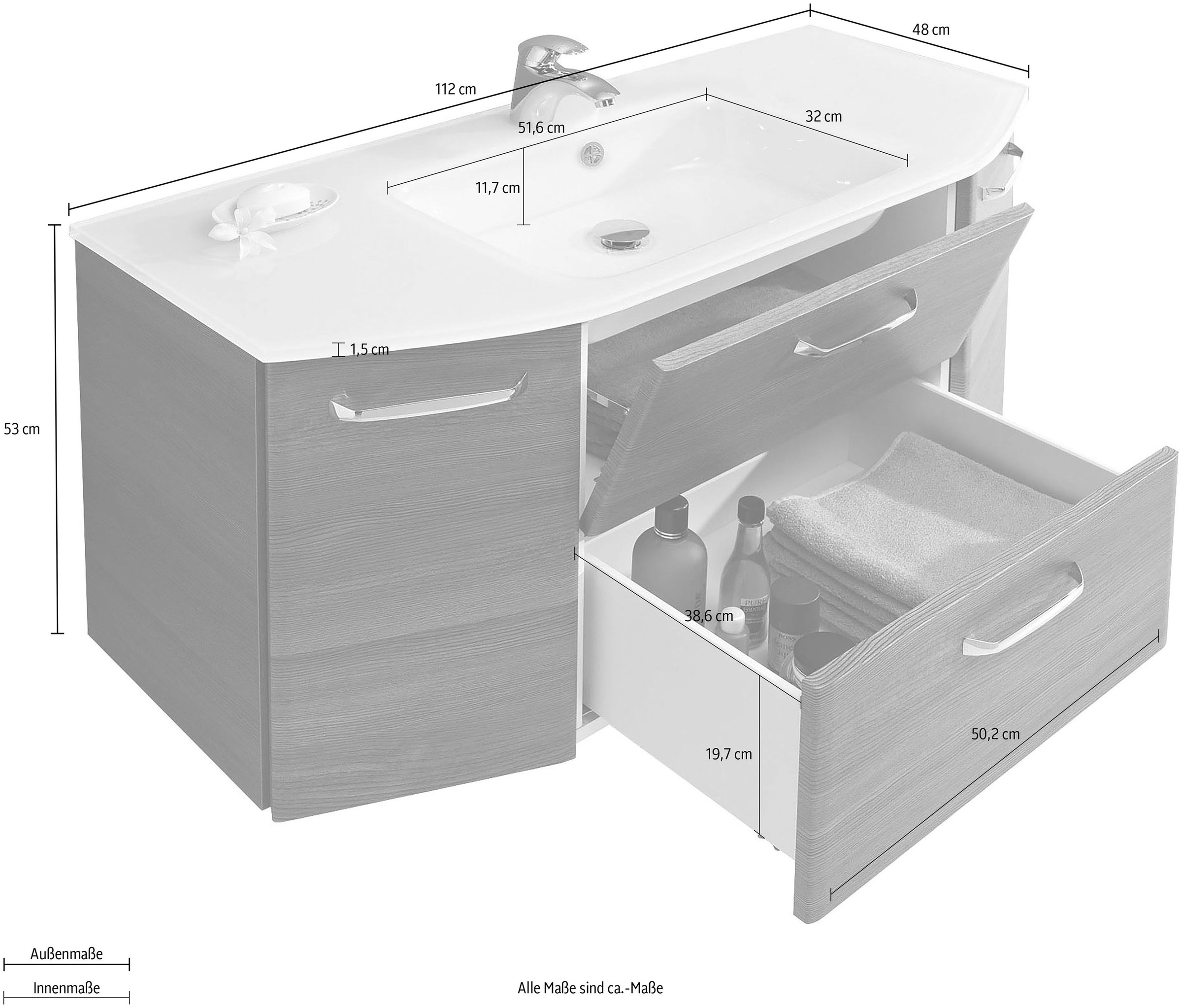 Saphir Waschtisch »Quickset Waschplatz, Mineralmarmor-Waschtisch, 112 cm breit, 2 Türen«, Unterschrank mit Waschbecken, inkl. Türdämpfer, Griffe Chrom Glanz