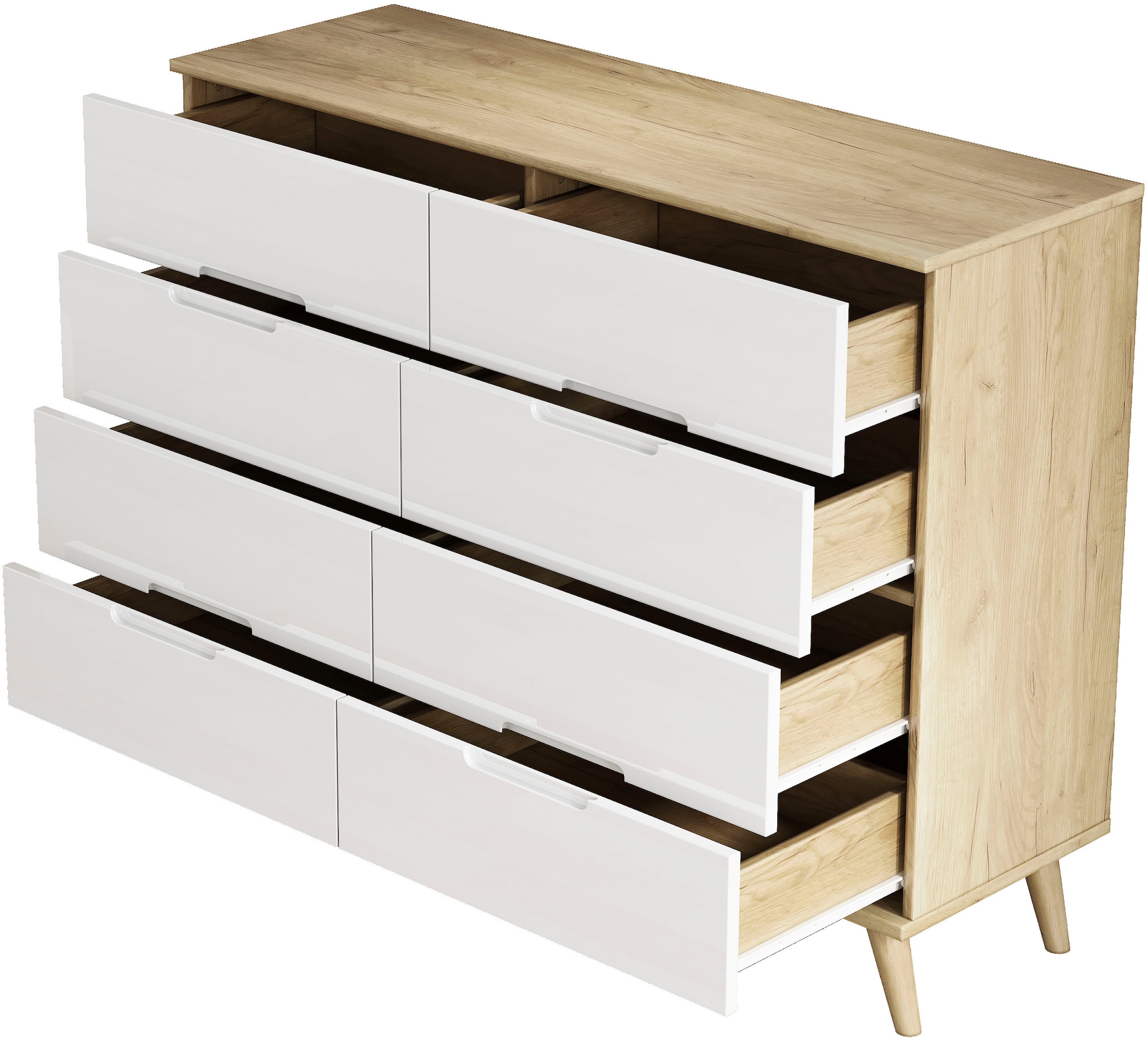 OTTO home Kommode »Lund« mit glänzenden Fronten, Griffmulden, helles Holzdekor, Breite 120 cm