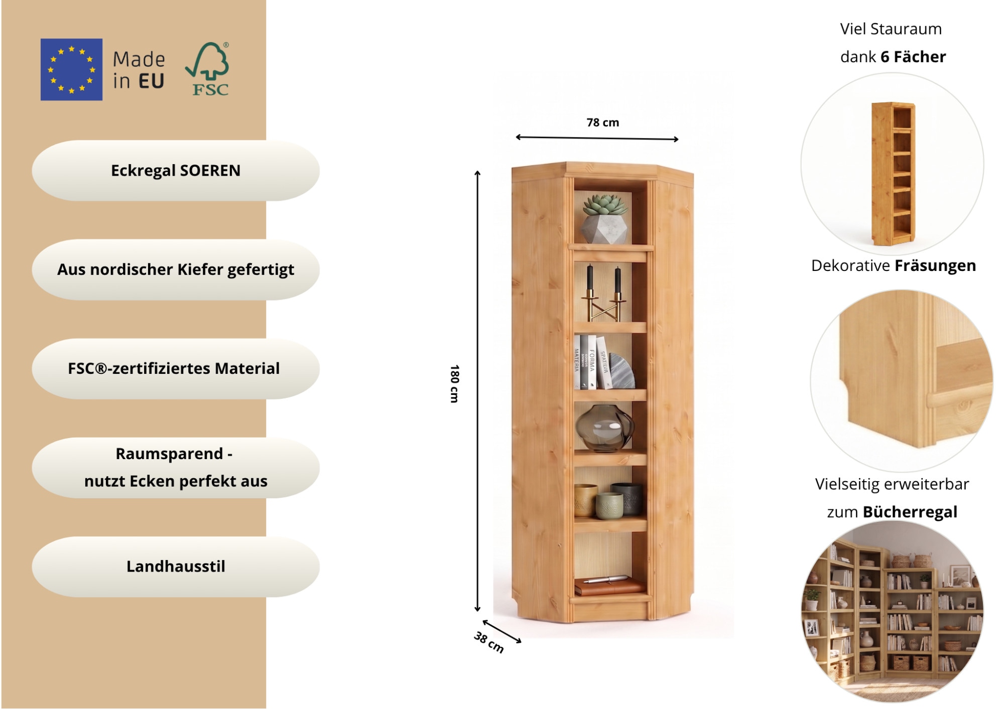 OTTO home Eckregal »Soeren Regal Höhe 220 cm, massive Kiefer, FSC®-zertifiziert« passend für Regale Soeren mit einer Tiefe von 29 cm