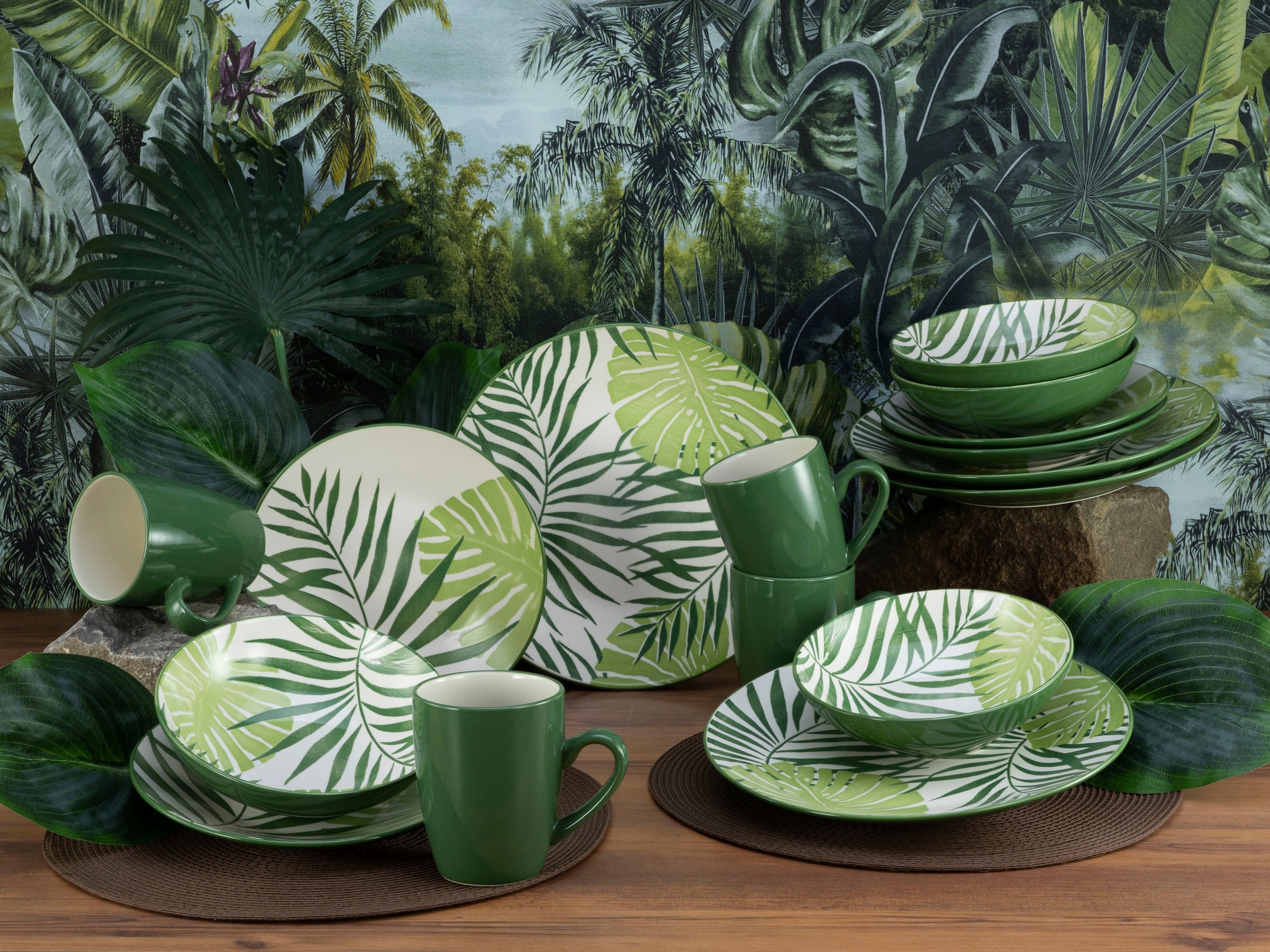 CreaTable Kombiservice »Tropicana«, (Set, 16 tlg.), vollflächiger tropischer Blätter Dekor