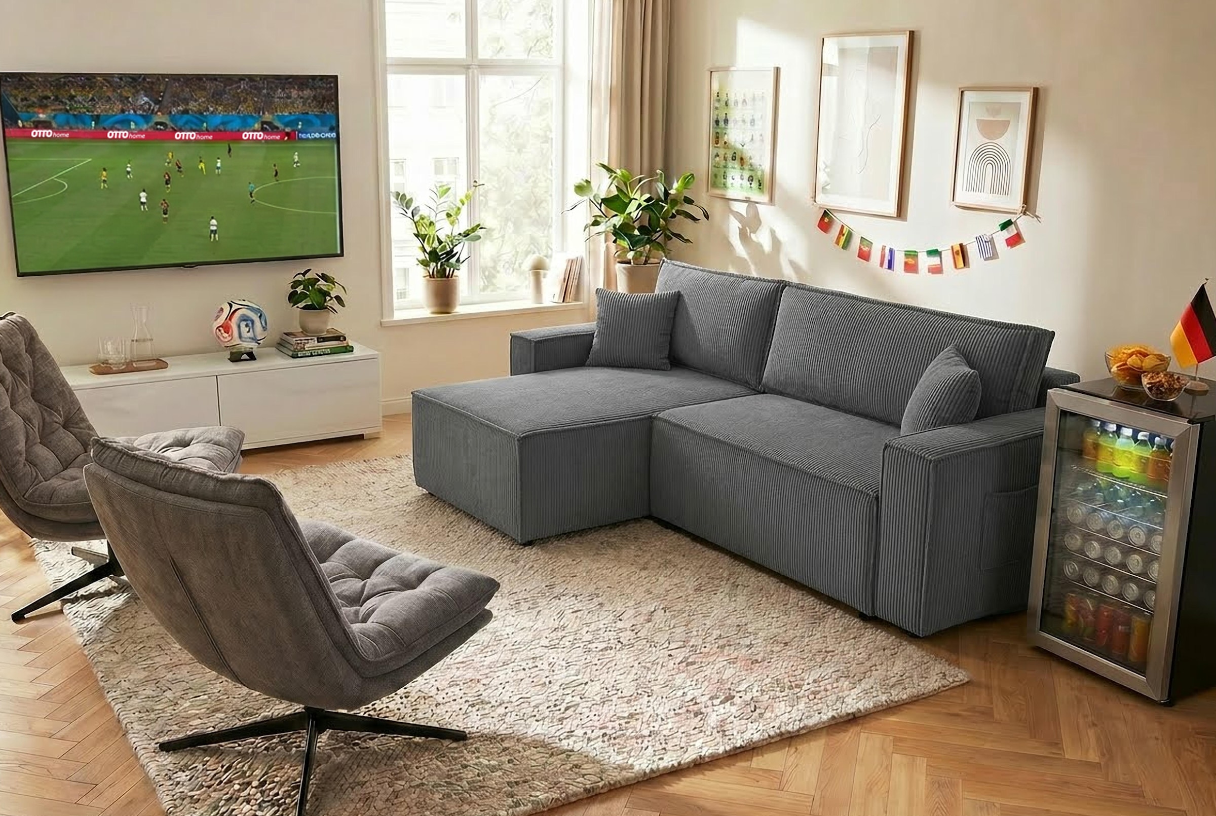 OTTO home Ecksofa »CASSI L-Form, 241cm - OTTO. Verlässliche Qualität.« Schlaffunktion (133/200), Bettkasten, Tonnentaschen-Federkern, Cord