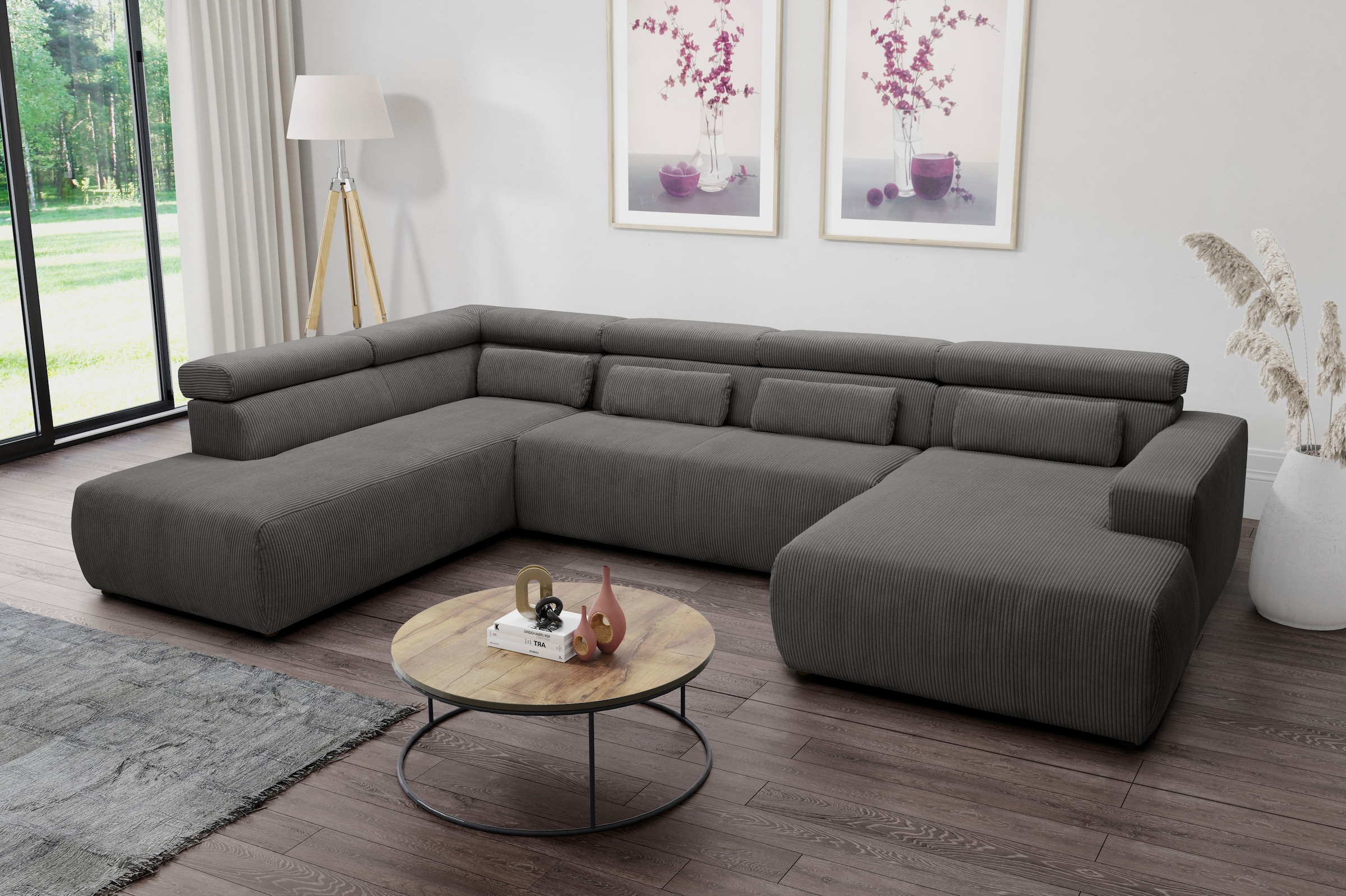 DOMO collection Wohnlandschaft »Brandon, belastbar bis 140kg/ Sitz, B/T: 359/228 cm, U-Form«, mit Sitztiefenverstellung, Cord, grau