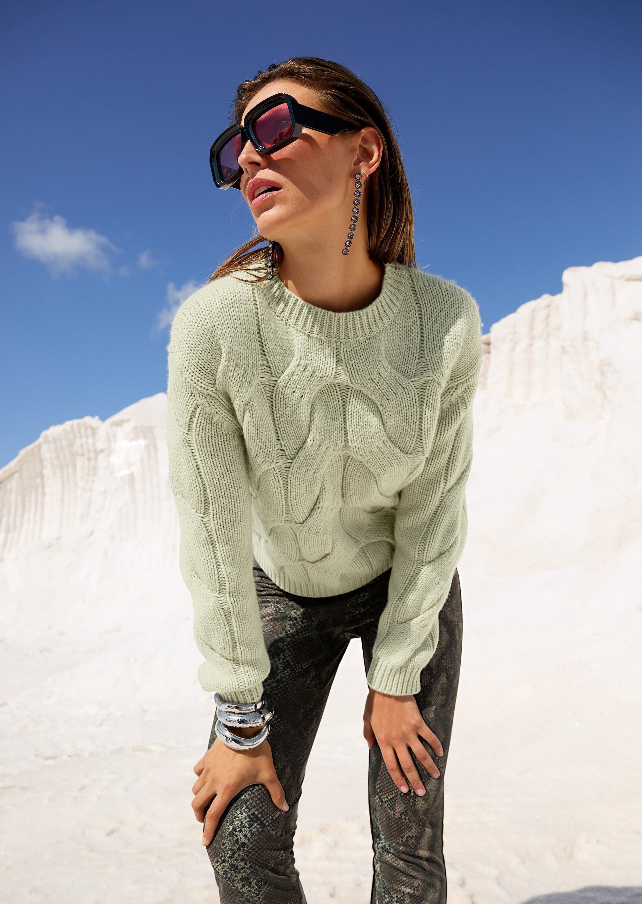 MADELEINE Longpullover »Strickpullover Moderner Wollpullover mit Zopfmuster« Allover-Zopfmuster