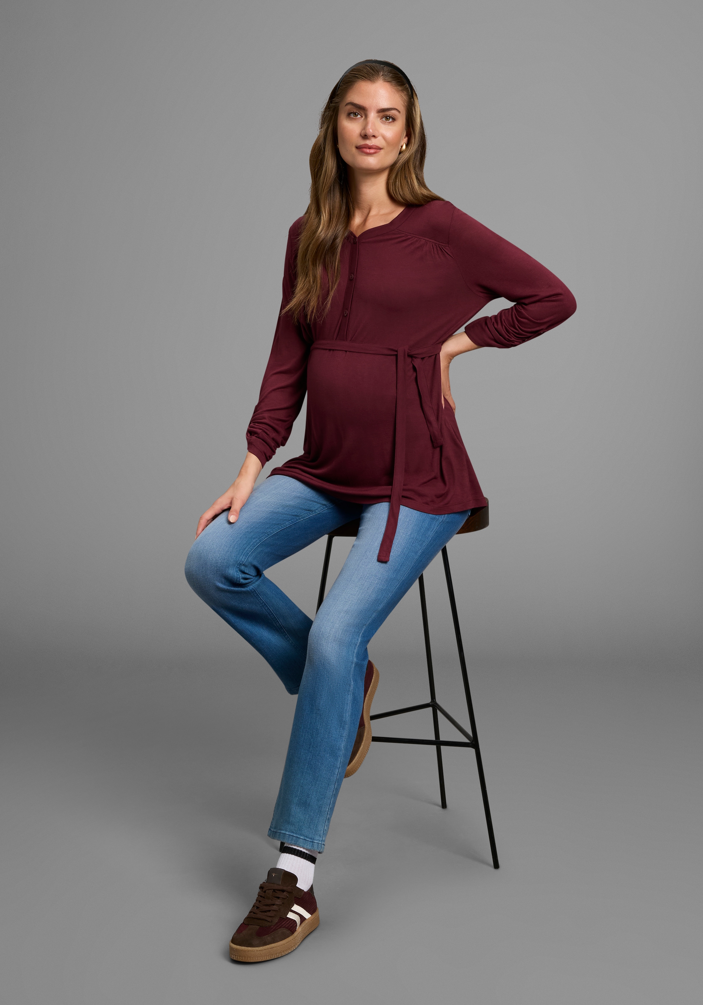 Neun Monate Umstandsshirt »Jersey-Bluse mit Bindegürtel«, Viskose Umstands-Bluse praktisch für Schwangerschaft und danach