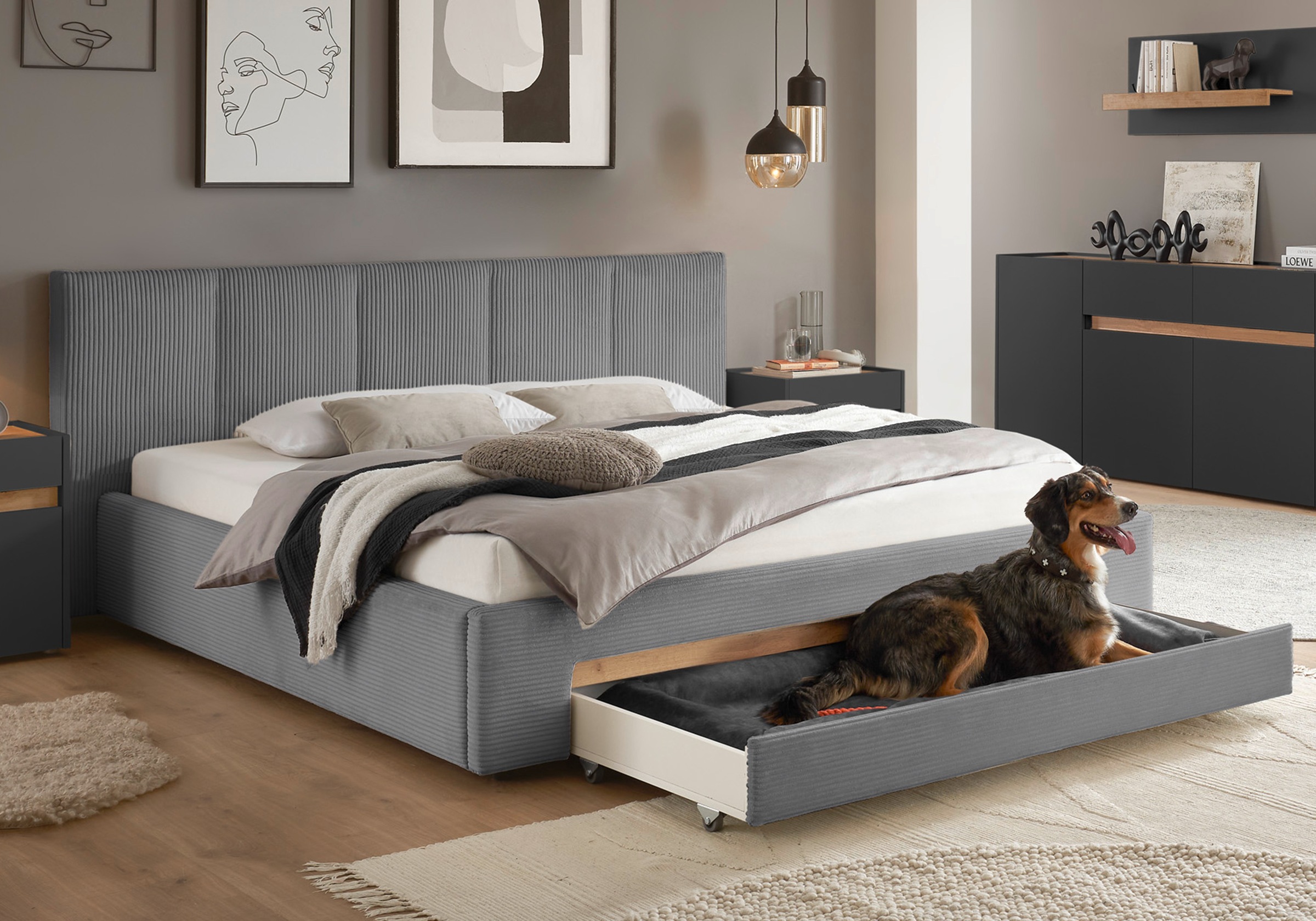 INOSIGN Polsterbett »CiTY/GiRON, Bettgestell mit Bettkasten, gepolstertes Stauraumbett«, mit Hundebett oder Stauraumschublade, Bezug Cord-oder Leinenoptik