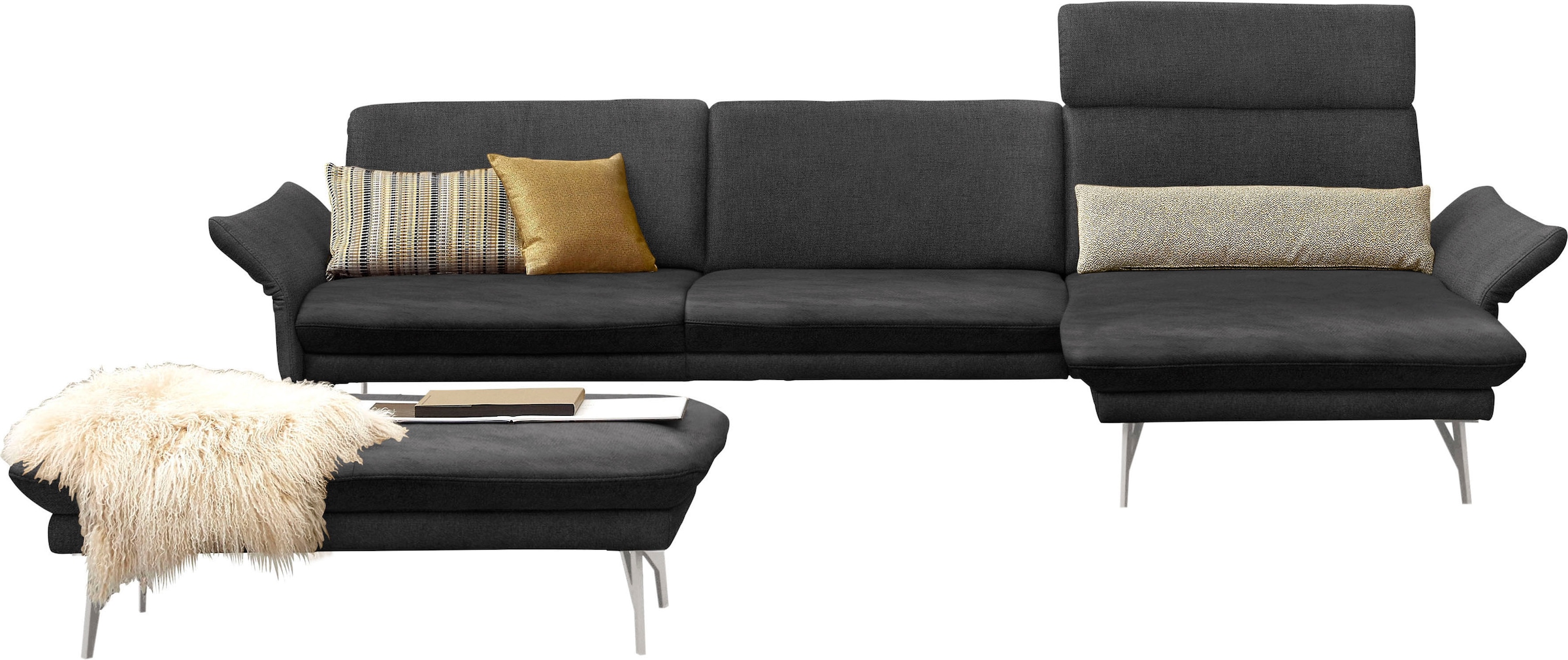 Ecksofa »1928«, (Sofa mit oder ohne Hocker auswählen!), ohne Hocker, Füße Edelstahloptik