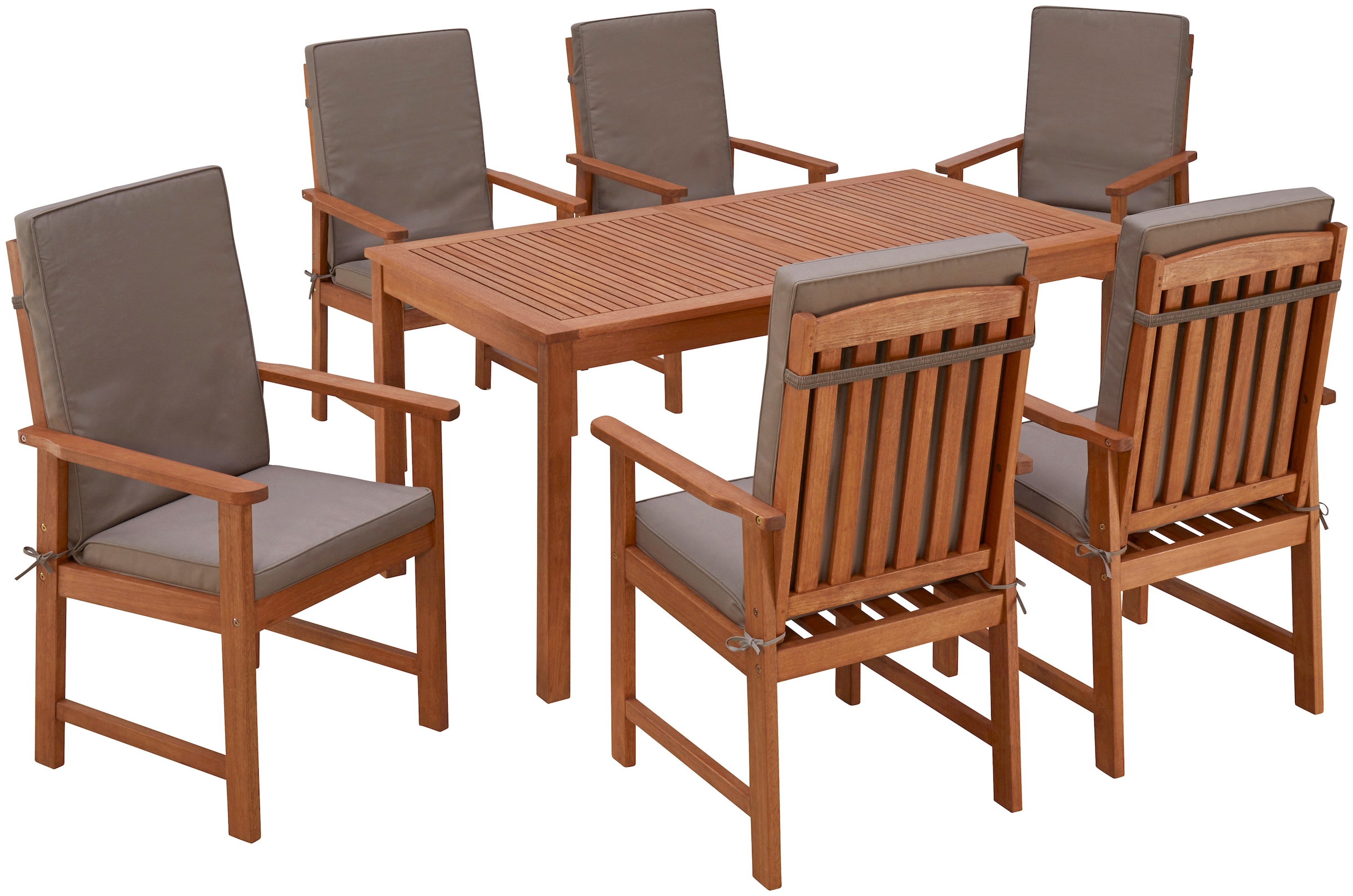 MERXX Garten-Essgruppe "Montana" 6x Sessel, inkl. Auflagen, 1x Tisch 150x80 cm, 13 Stk. tlg. Eukalyptusholz, FSC Mix