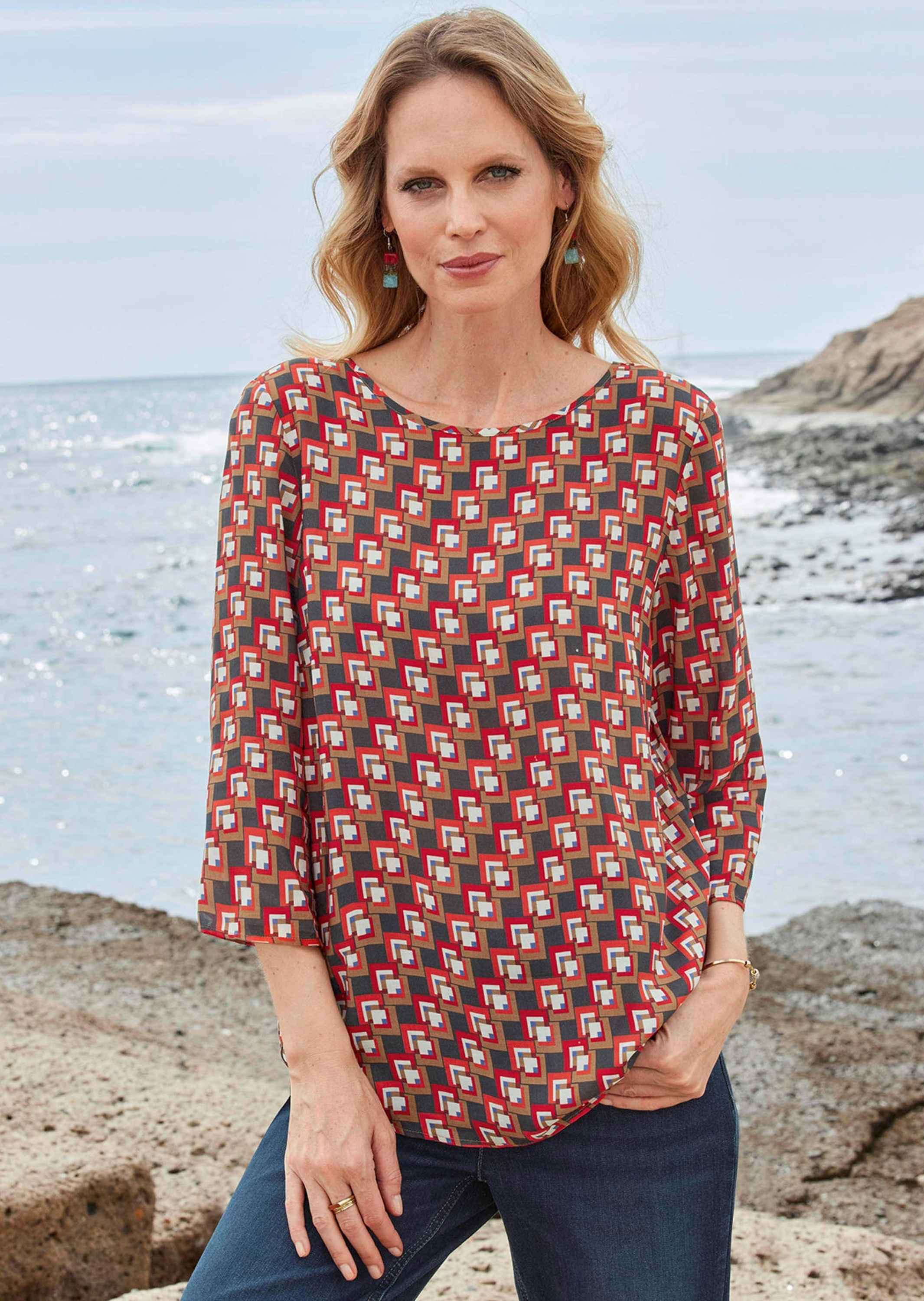 GOLDNER Schlupfbluse »Bluse 3/4-Arm mit grafischem Druck« Applikationen