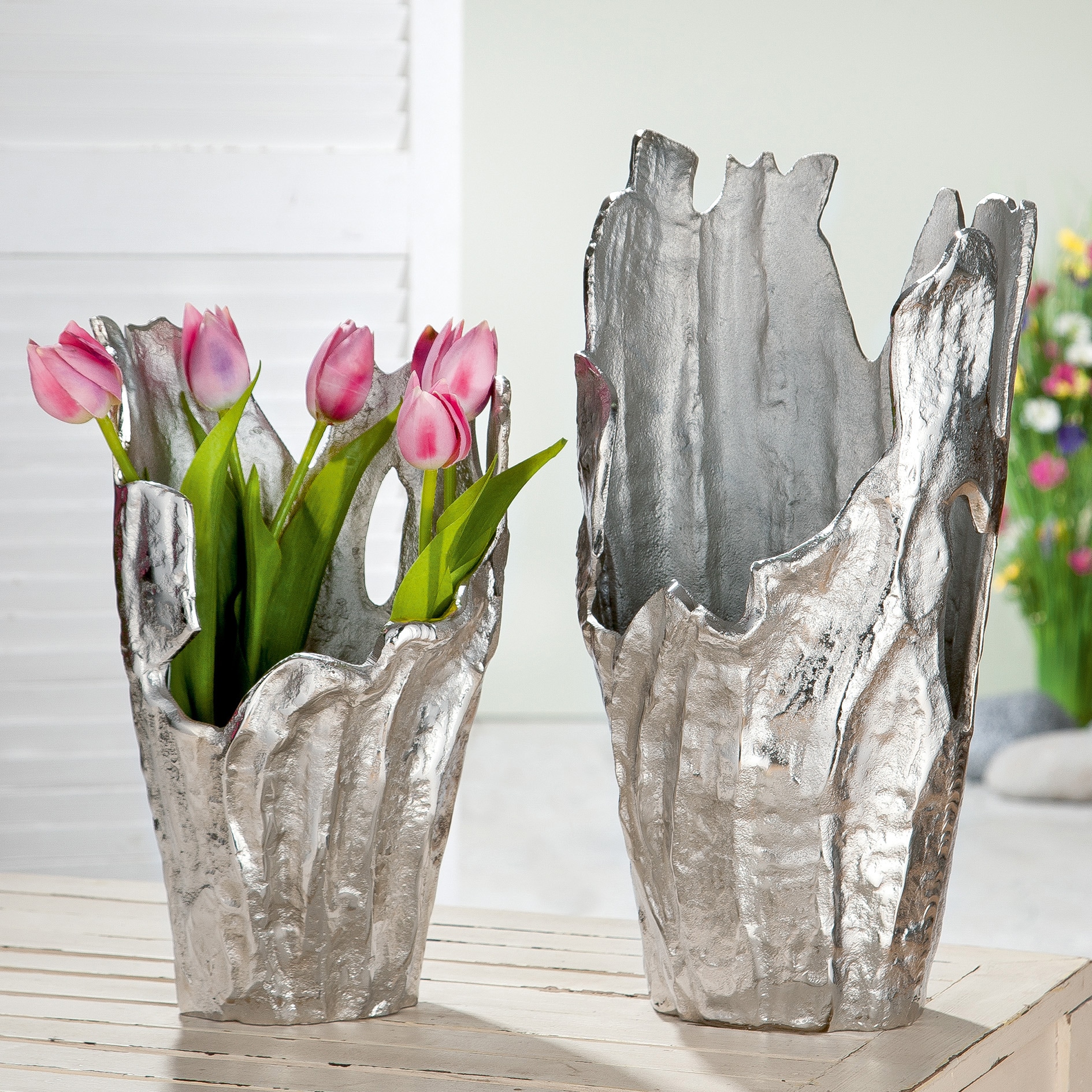 GILDE Dekovase »Vase extravagante bestellen Raten silberfarbene im Struktur (1 auf Coralifero«, Aluminium, St.), Antik-Finish Form