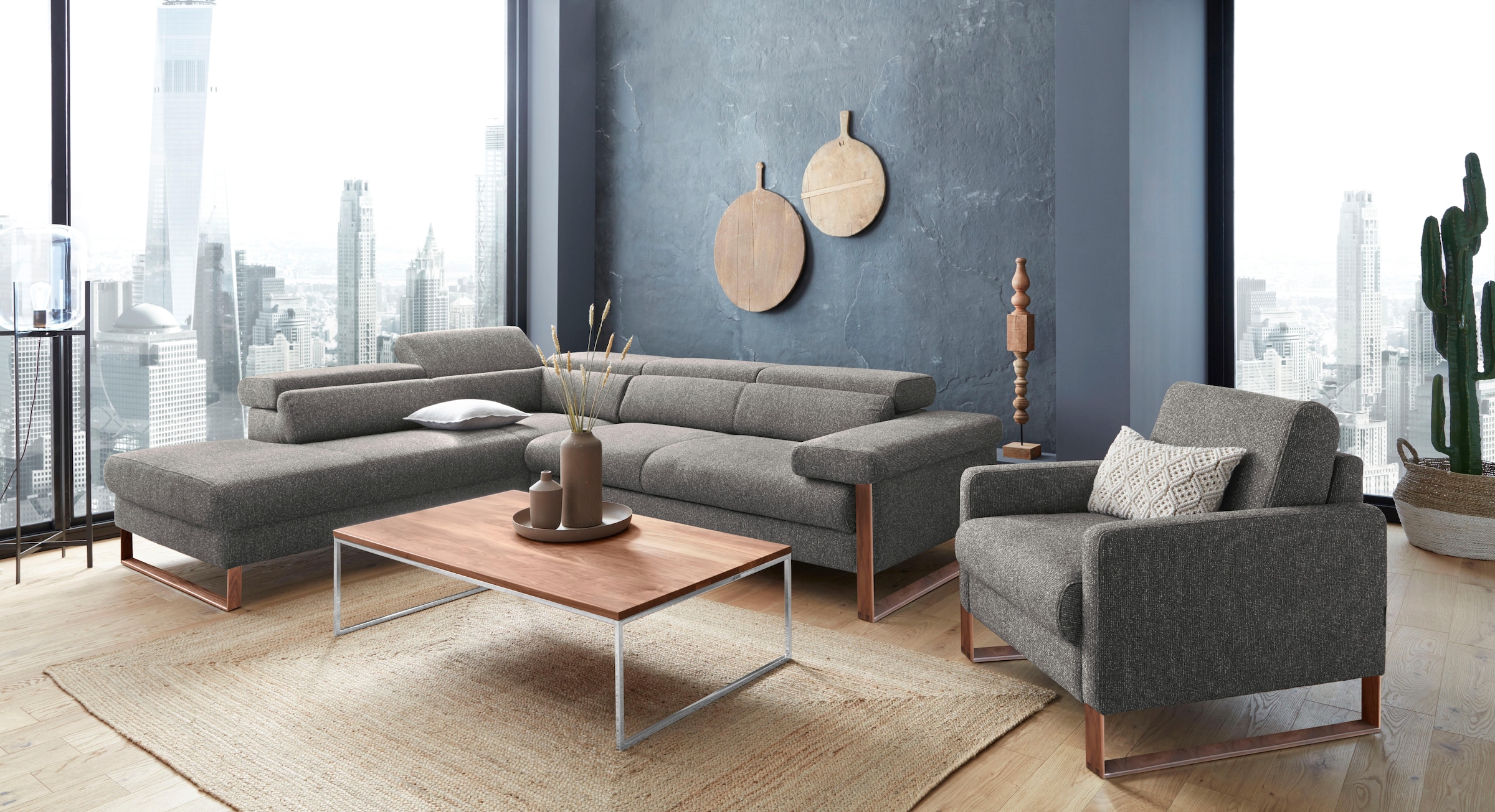 W.SCHILLIG Ecksofa »finn, Designsofa mit tollem Sitzkomfort, bequem, L-Form«, German Design Award 2016, Fußgestell Nussbaum natur, Breite 281 cm