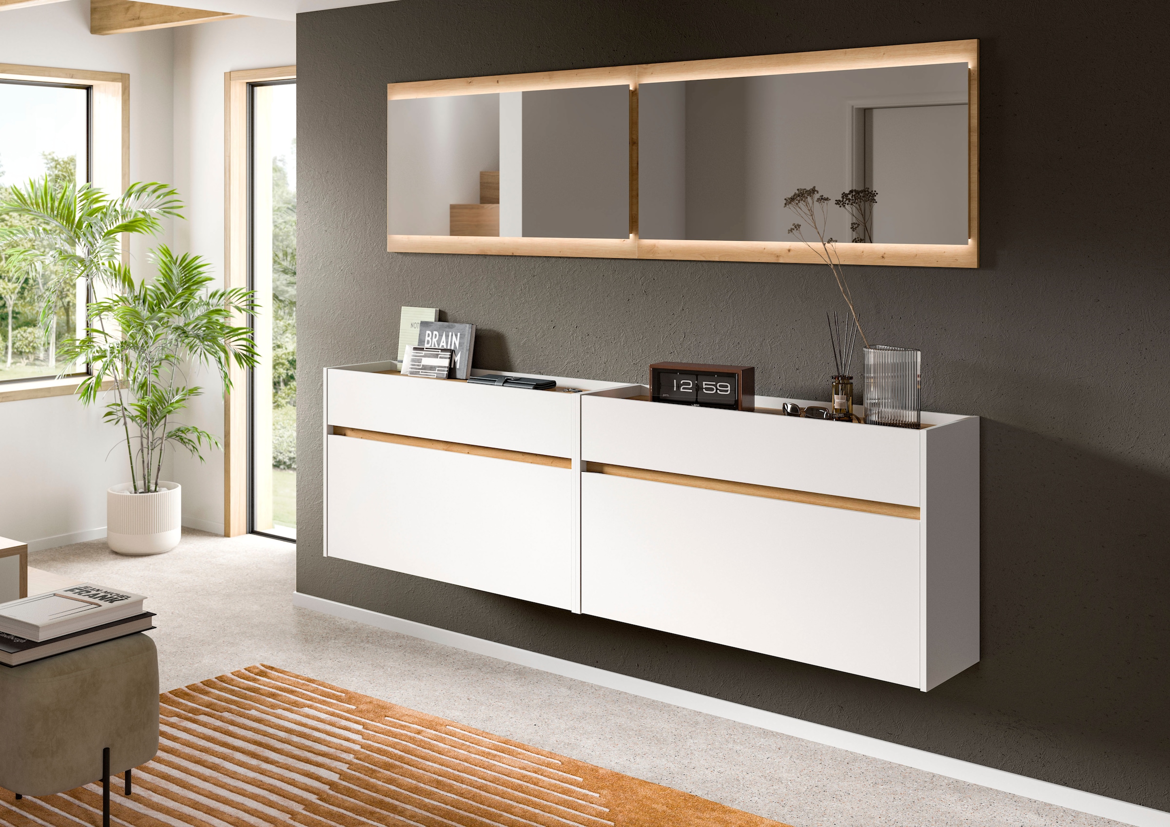 Home affaire Garderoben-Set »EVRID, 4-teilig, Breite 220 cm, inkl. Beleuchtung« best. aus: 2x Kommode und 2x Spiegel, 4 Stk. tlg.