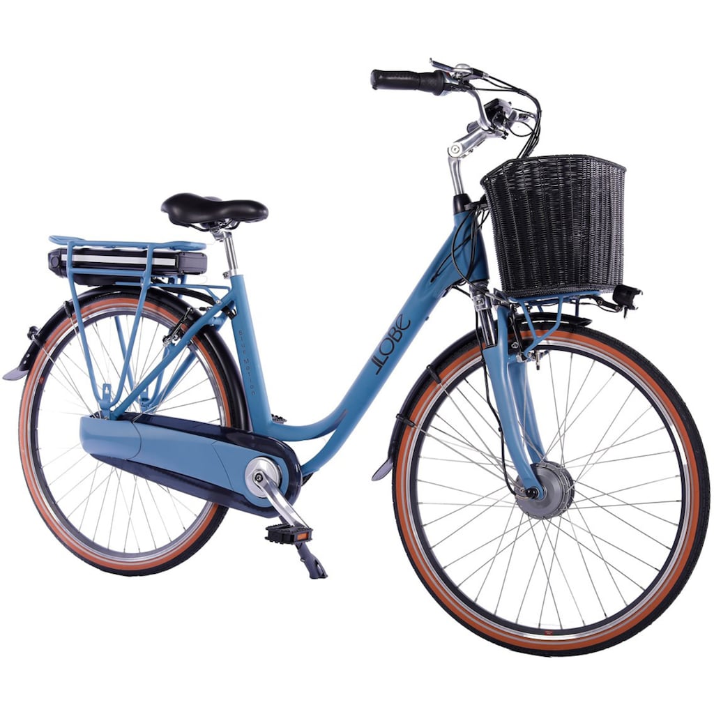 LLobe E-Bike »Blue Motion 2.0, 15,6Ah«, 7 Gang, Shimano, Frontmotor 250 W, (mit Fahrradkorb)