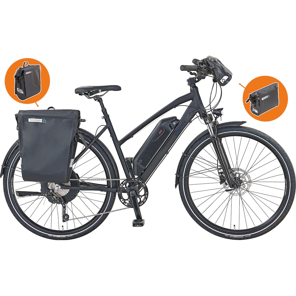 Prophete E-Bike »Prophete Entdecker e2000 Damen«, 10 Gang, Shimano, Deore XT, Heckmotor 250 W, (mit Gepäckträgertasche-mit Lenkertasche)