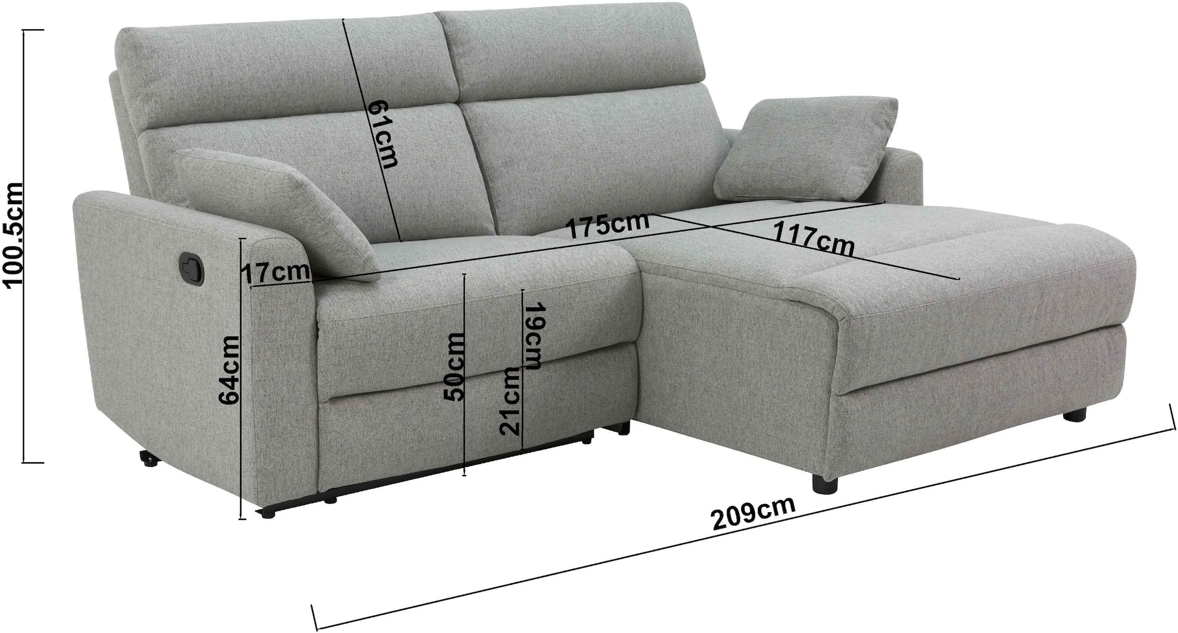 INOSIGN Ecksofa »JENNA, L-Form, 209cm, manuelle u. elektrische Funktion, mit USB A/C,«, Liegefunktion 105°-150°, Federkern, Struktur fein