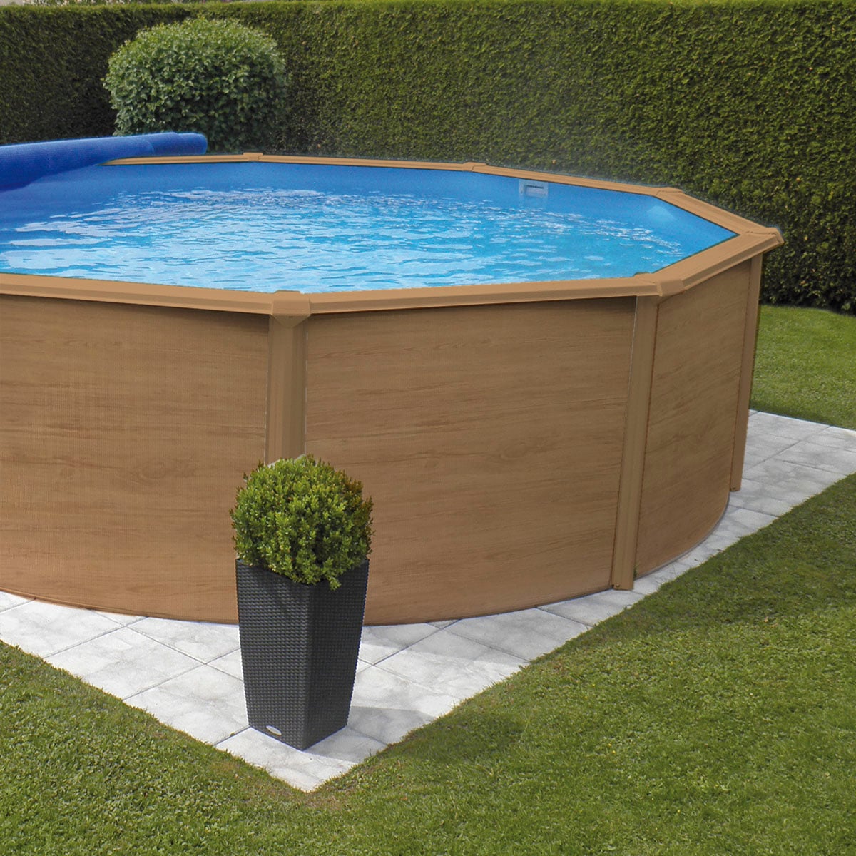 KWAD Rundpool »Wood Design CABRIO DOME inkl. Abdeckung zum Schutz des Wassers« 5-tlg., Höhe: 132cm, sandfarbene Innenfolie, inkl. Sicherheitsleiter