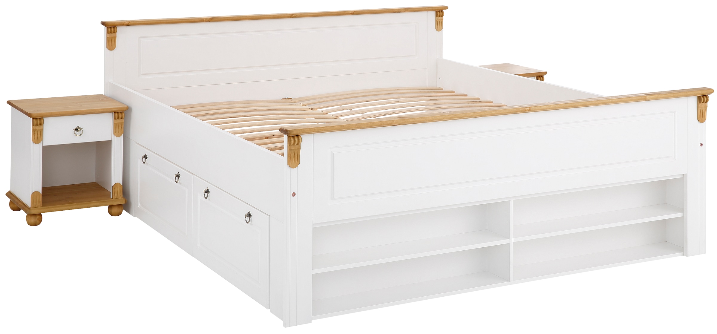 Home affaire Massivholzbett »Tessin, Stauraumbett, Landhausstil, Schubladen optional, rustikal«, (Breite/Belastbarkeit 180cm/220 KG, 140cm/180 KG), zertifizierte Kiefer, Kassetten-Optik, stabile Qualität
