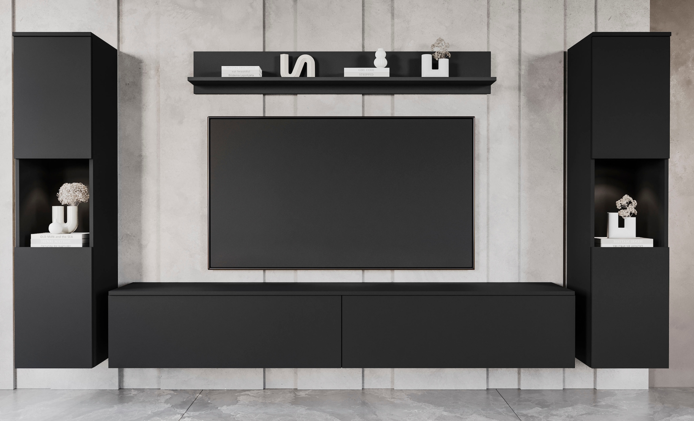INOSIGN Wohnwand »PARIS, Vitrine Türanschlag links/rechts wechselbar«, (Komplett-Set, 4 St.), grifflose Design, stehend und hängend montierbar