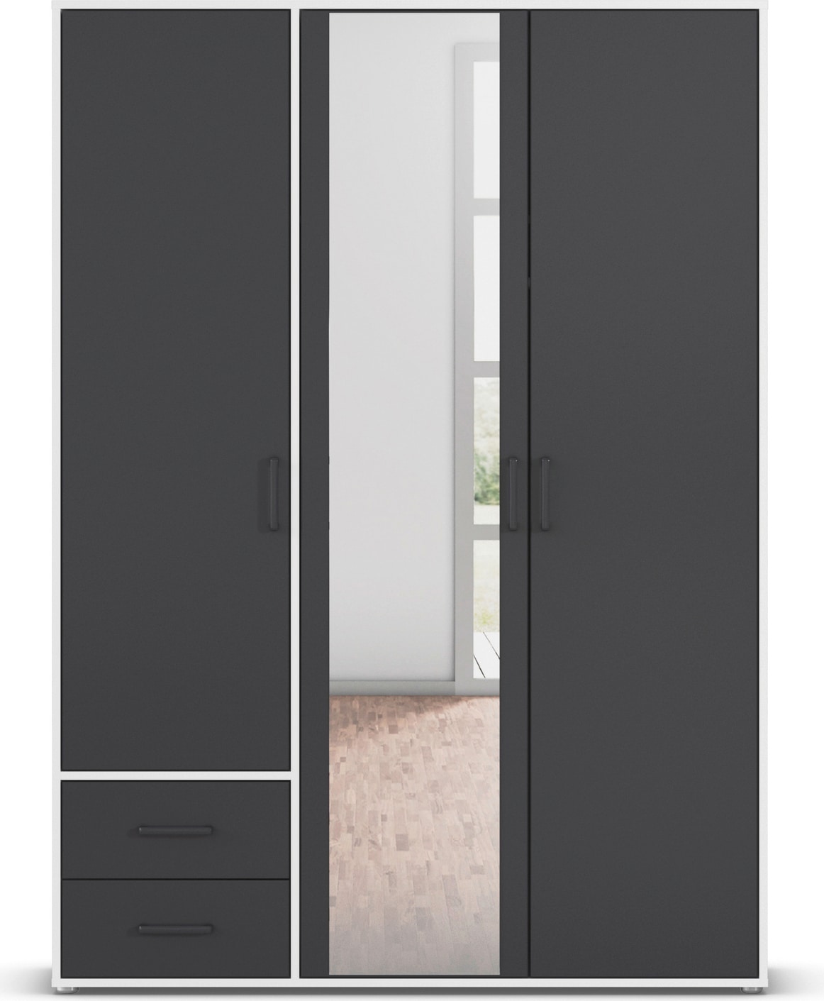 rauch Drehtürenschrank »Kleiderschrank Schrank Garderobe Wäscheschrank VOYAGER« in 3 verschiedenen Ausstattungen BASIC/CLASSIC/PREMIUM,  mit modernen Griffen in Graumetallic, inkl. Schubkästen und Spiegel