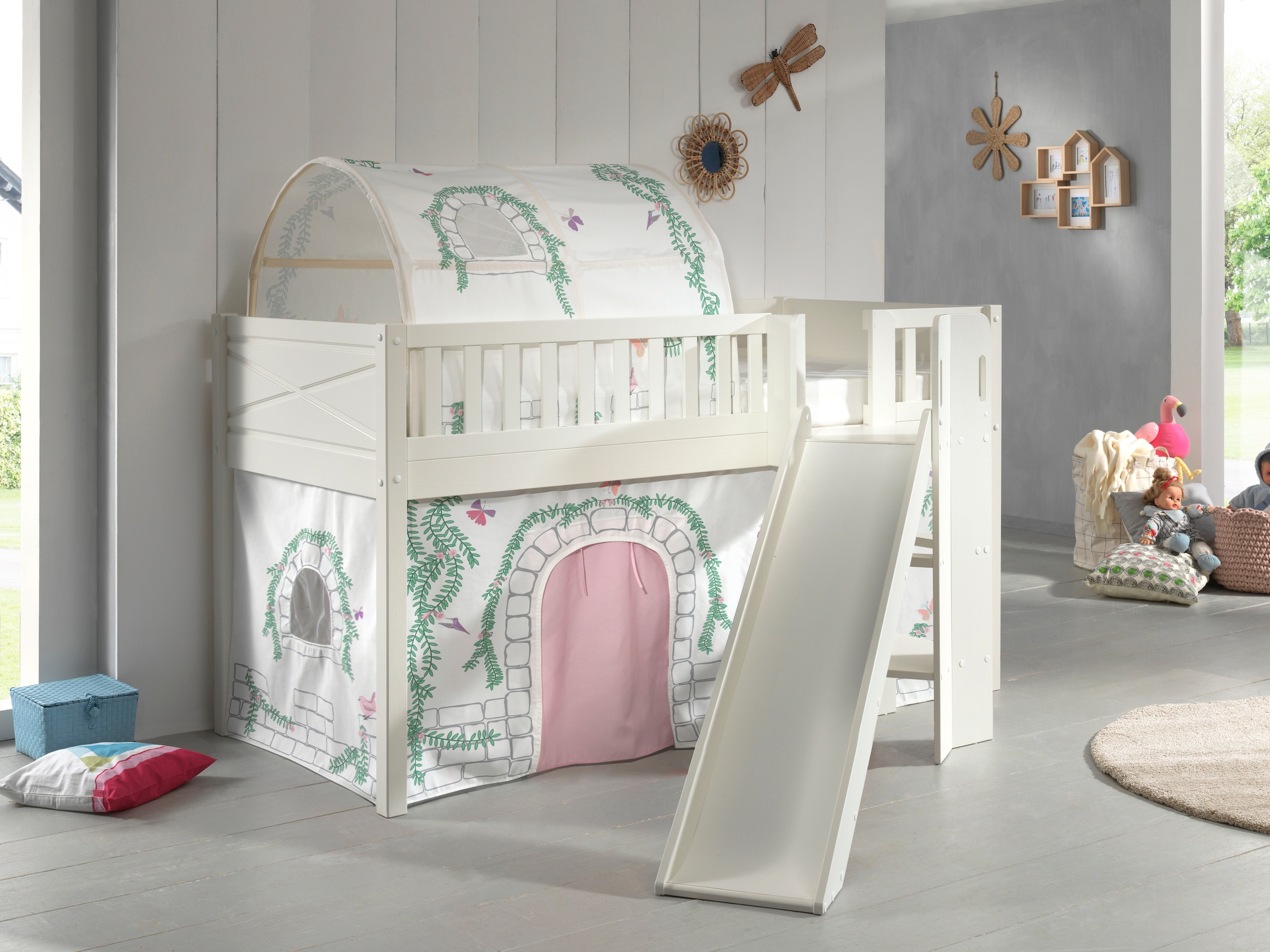 Vipack Hochbett »Scott«, (Made in Europe), m. Rutsch-/Leiterturm, LF 90x200 cm, Vorhang, Tunnel, 4 Designs