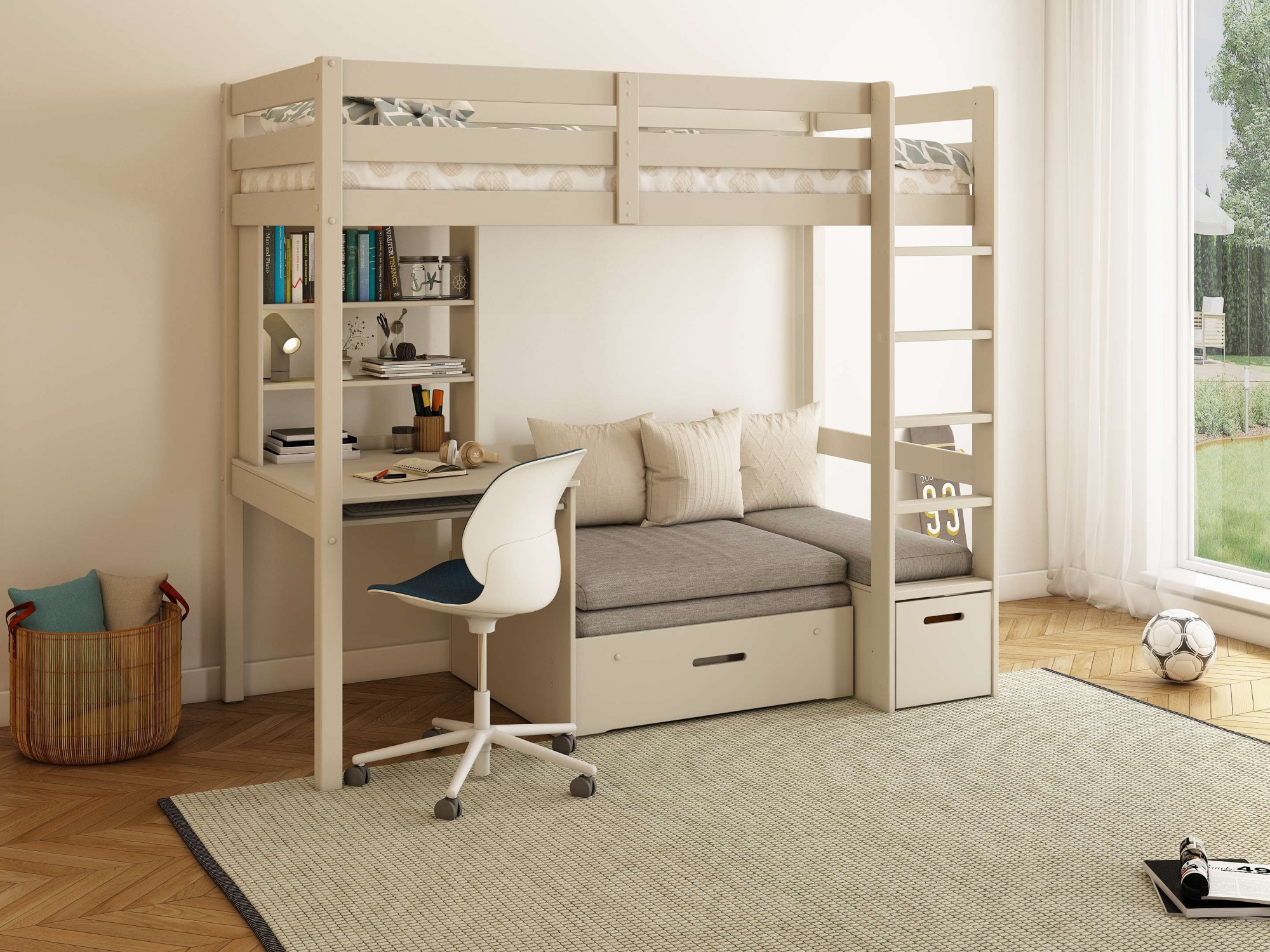 OTTO home Etagenbett »HENNE' TOPSELLER! Hochbett, Ideal für kleine Räume, 2 Schlafplätze« zweiter Schlafplatz ausziehbar, B/H/T ca. 208/180/105cm,  mit Polsterauflagen, Schreibtisch, Stauraum, seitenverkehrt montierbar