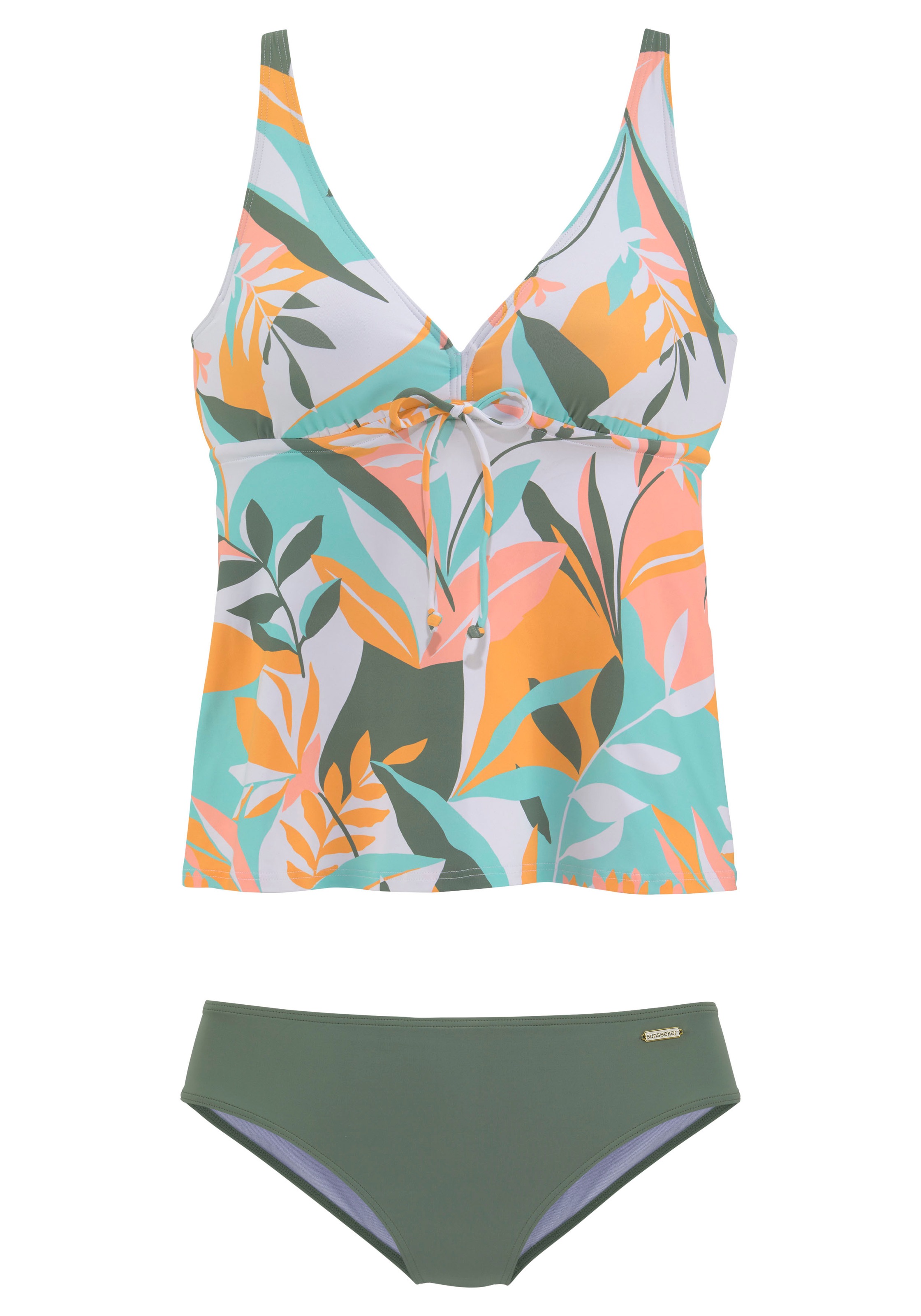 Sunseeker, Damen, Bügel-Tankini »Allis« mit Schleife, weiß-gelb, Cup E, 42 - Cup E, weiß-gelb, Mit abstraktem Blätterprint