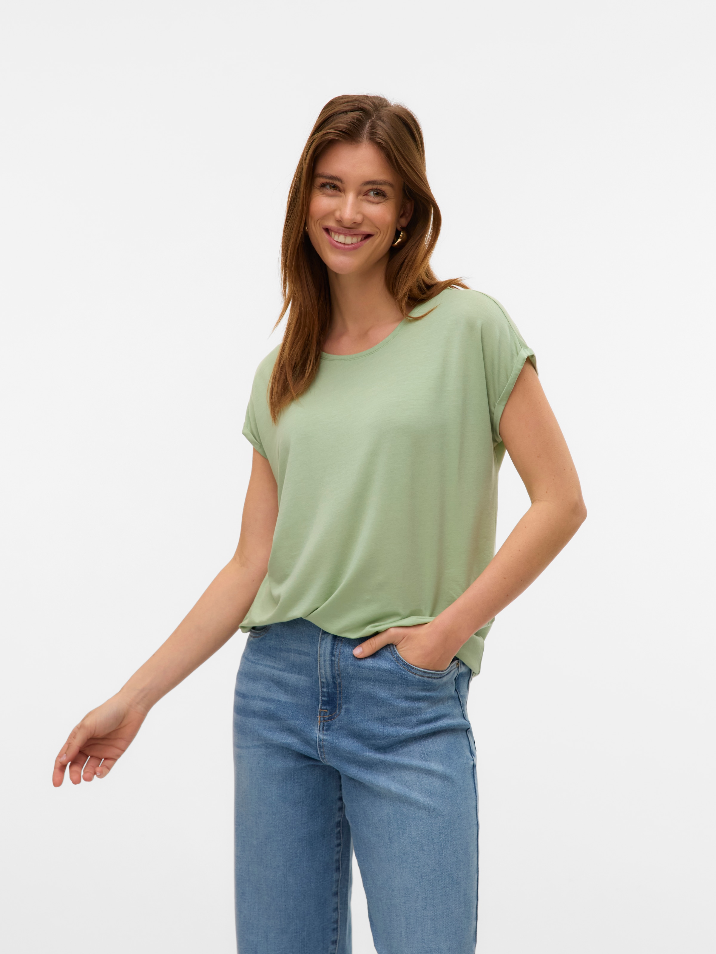 Vero Moda Rundhalsshirt »VMAVA PLAIN SS TOP GAJRS NOOS« Materialmix, regular fit