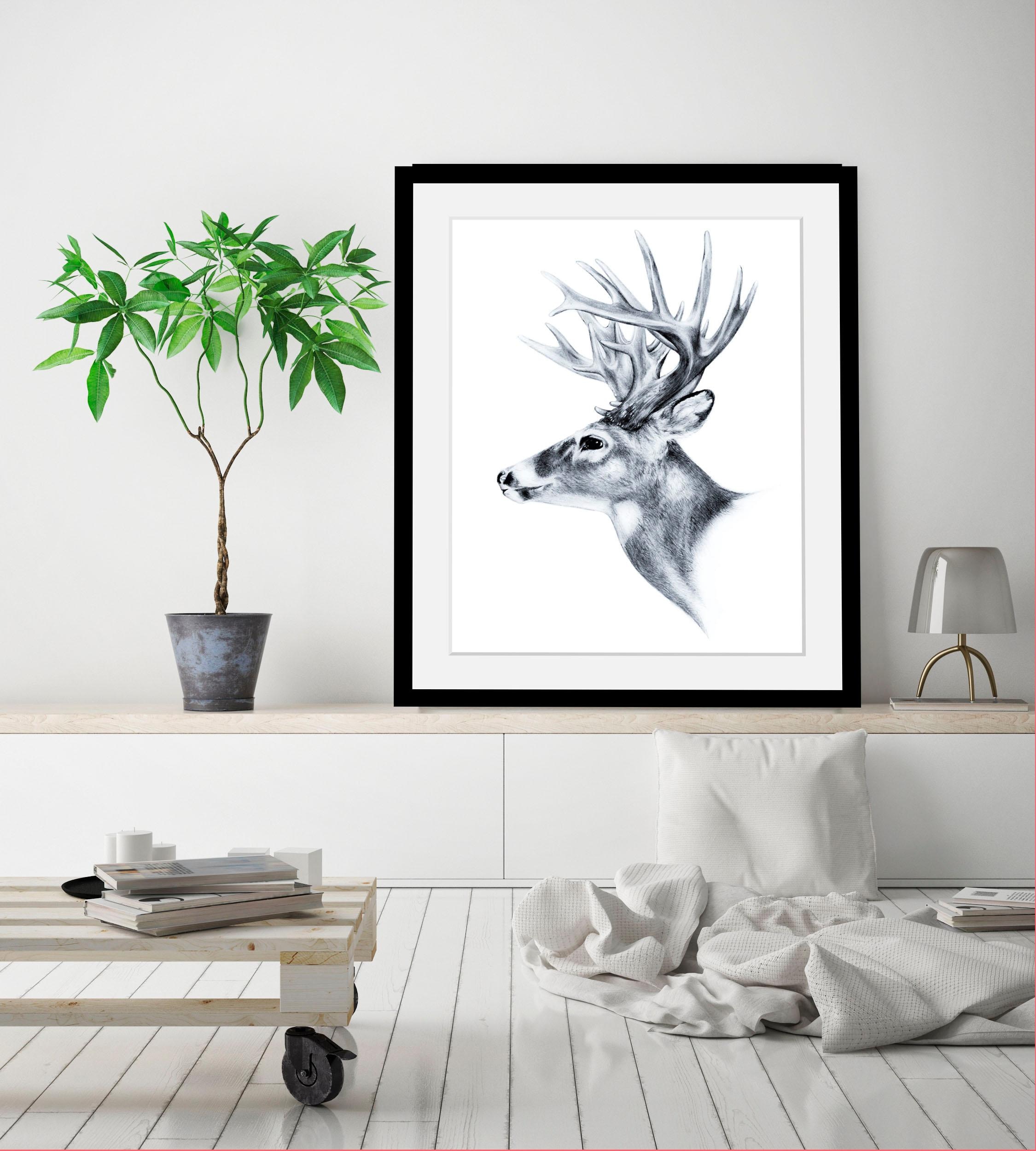 queence Bild »Hirsch«, Hirsch-Tiere-Wildtiere-Hirschbilder-Schwarz-Weiß, HD Premium Poster-Druck inkl. Holzrahmen
